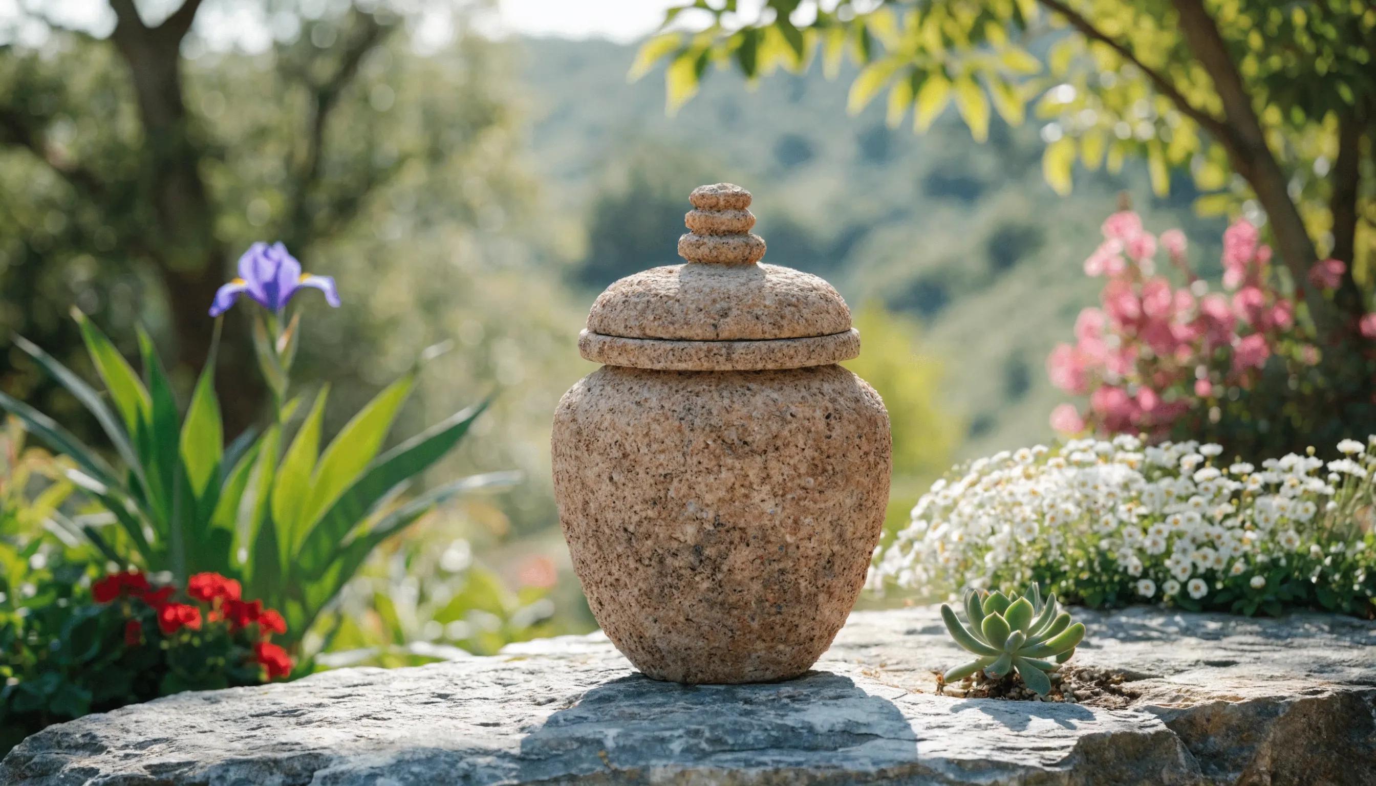 Eco-friendly urn in a tranquil garden setting, symbolizing sustainable pet aftercare through aquamation
