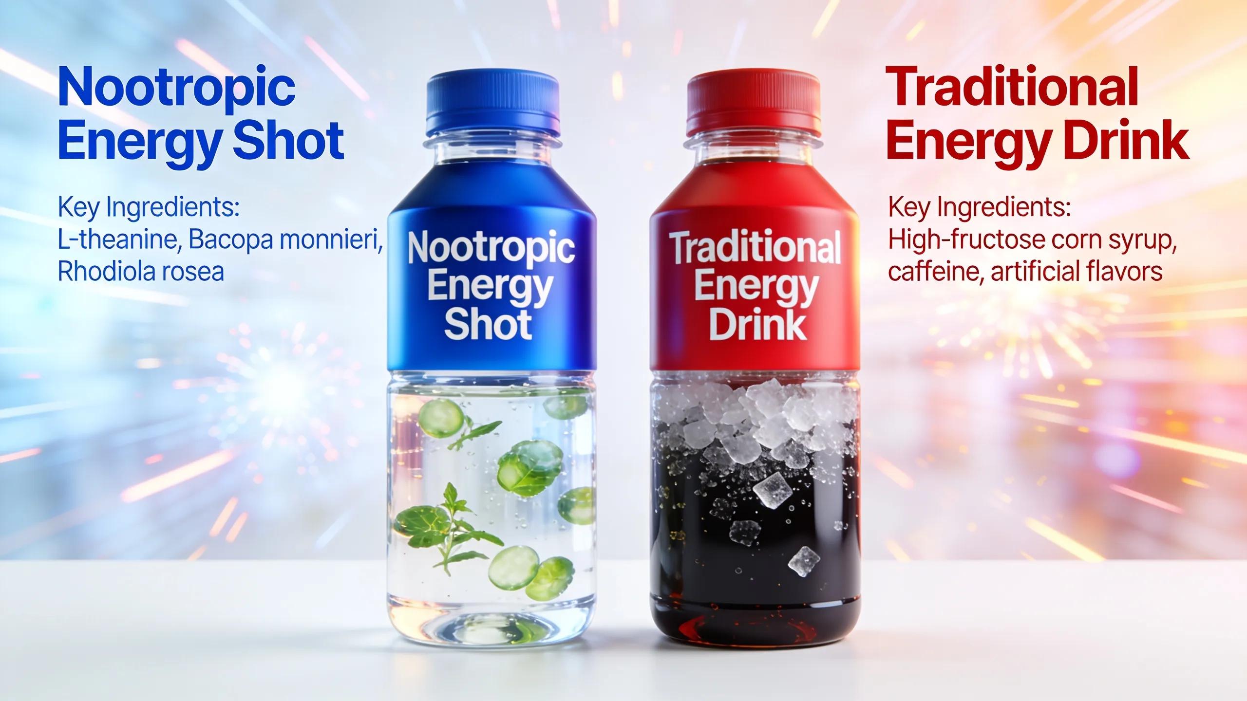 Nootropic energy shots alongside traditional energy drinks, showcasing contrasting ingredient profiles.