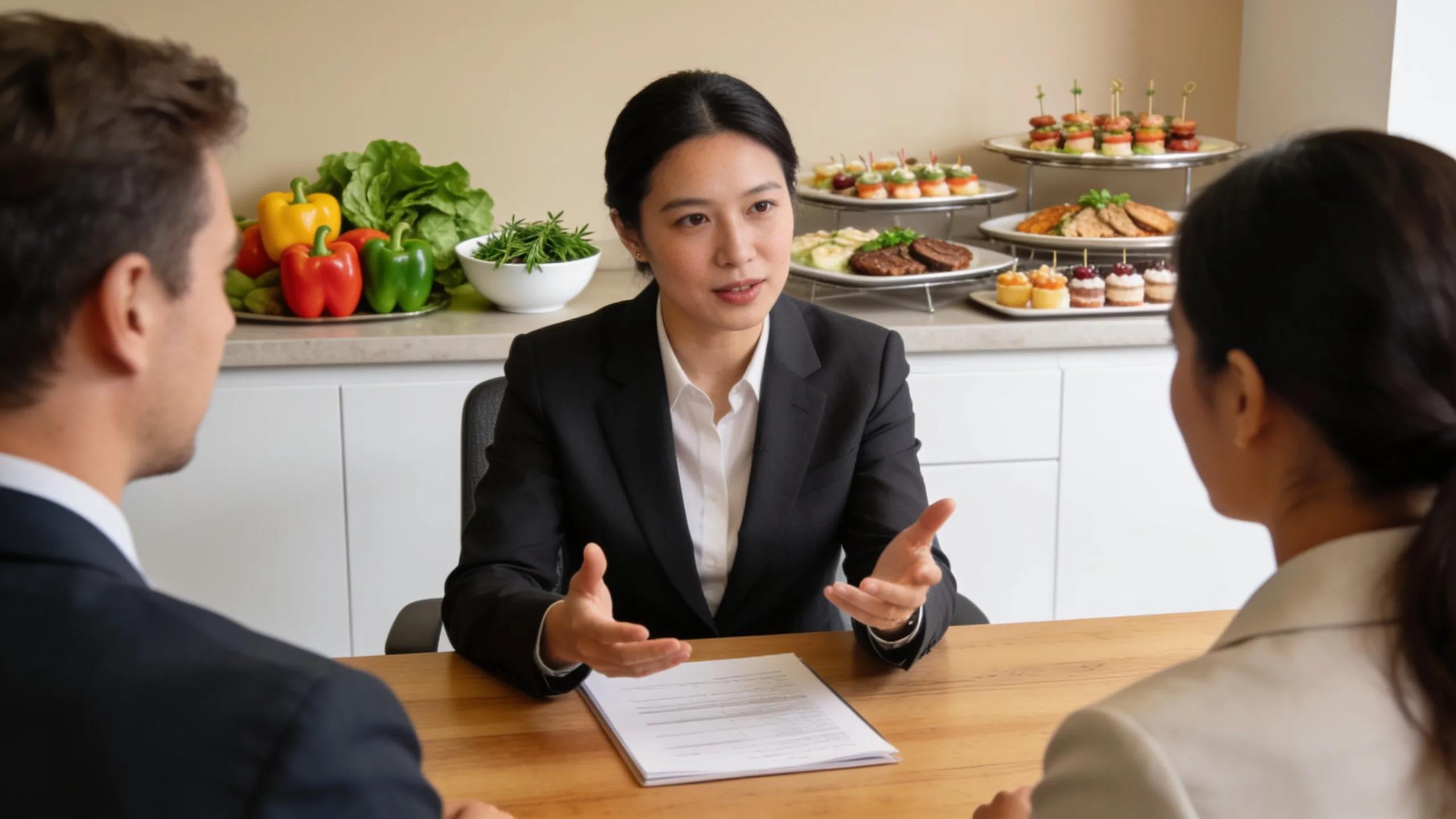 Catering coordinator discussing reliable office lunch services with clients, highlighting fresh ingredients and catering platters in a corporate environment