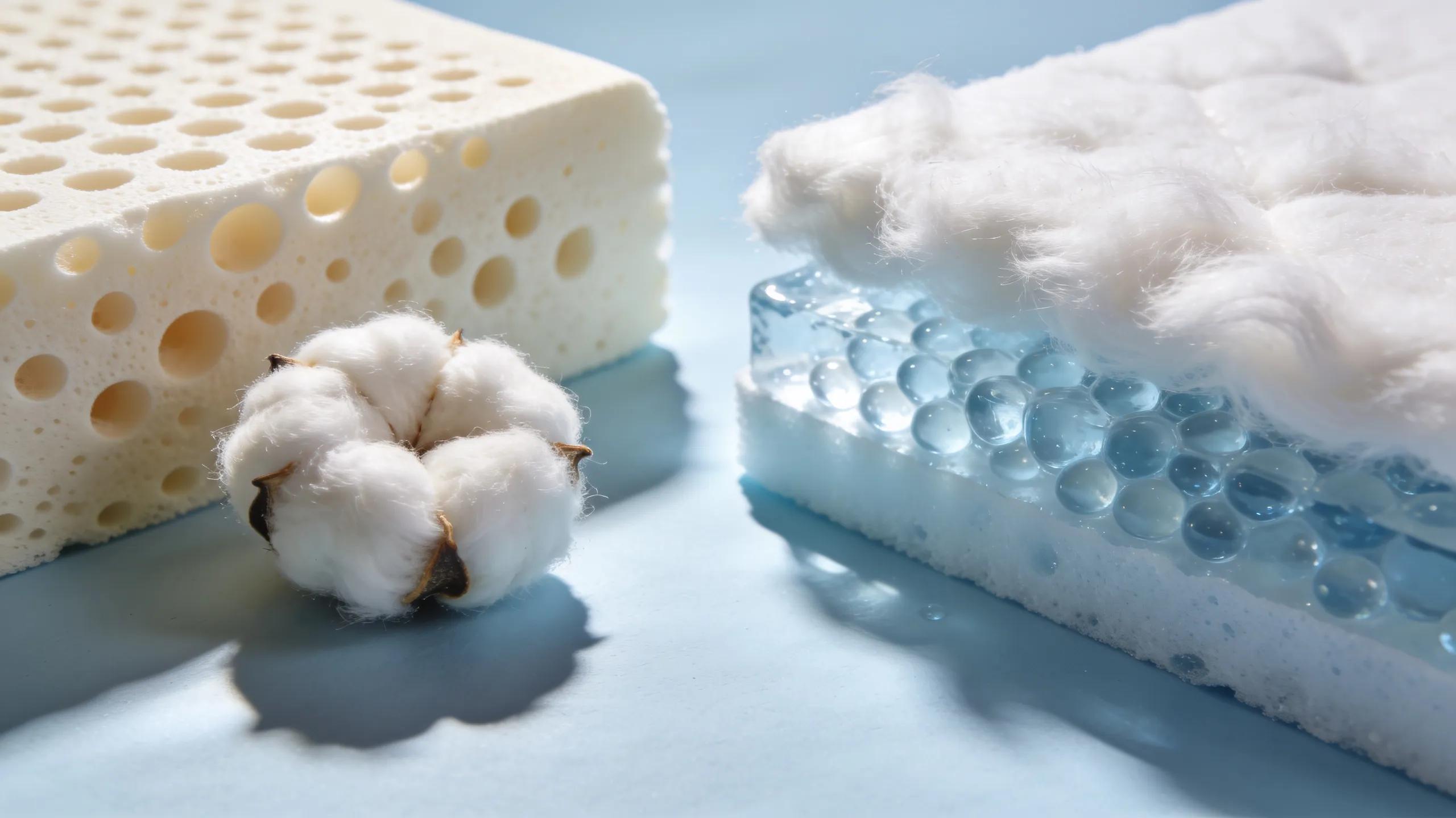 Close-up of breathable mattress materials like latex, cotton, and gel-infused foam, highlighting their cooling properties