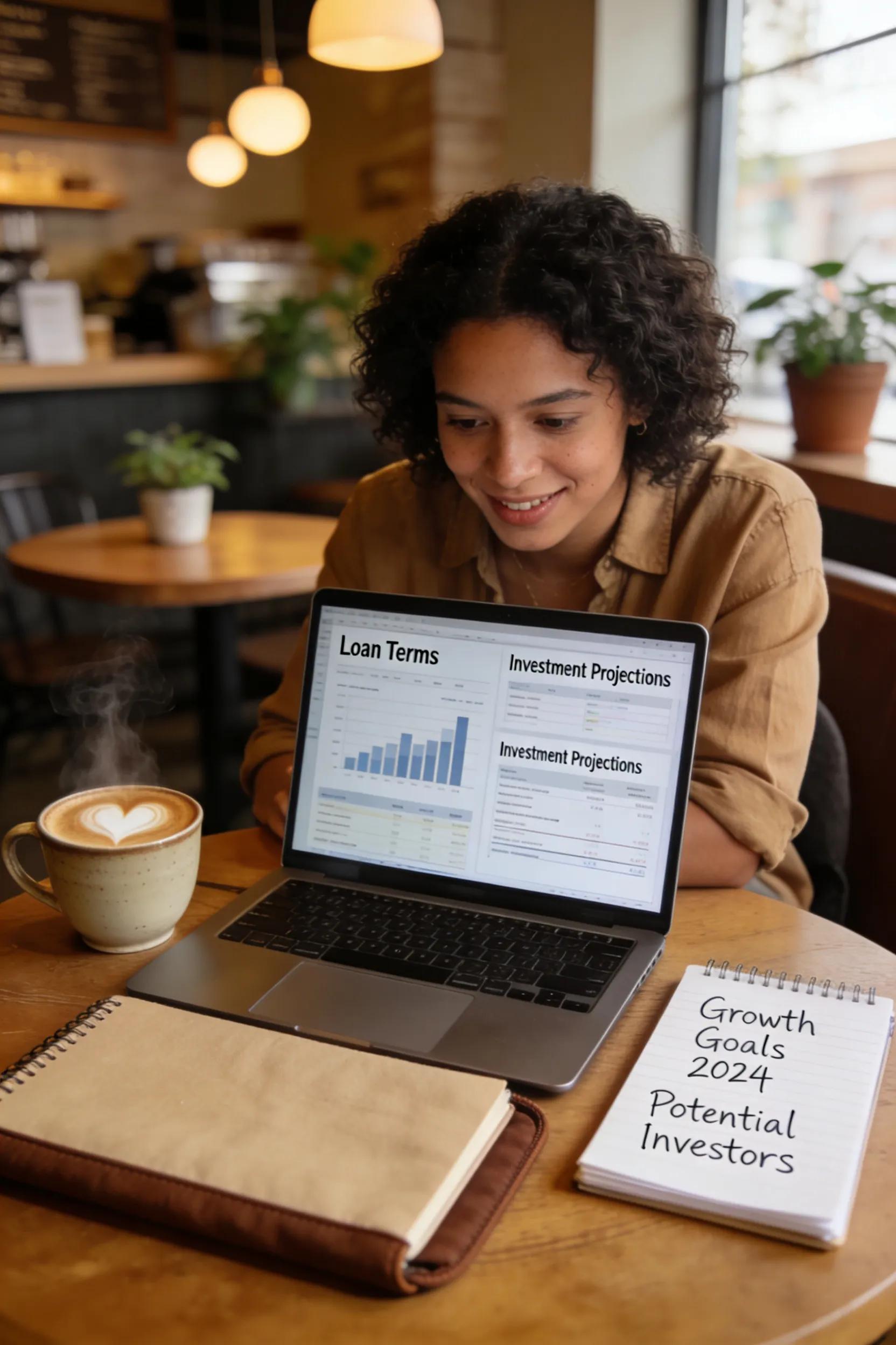 Small business owner reviewing funding options at a coffee shop, illustrating entrepreneurship in Northern Virginia