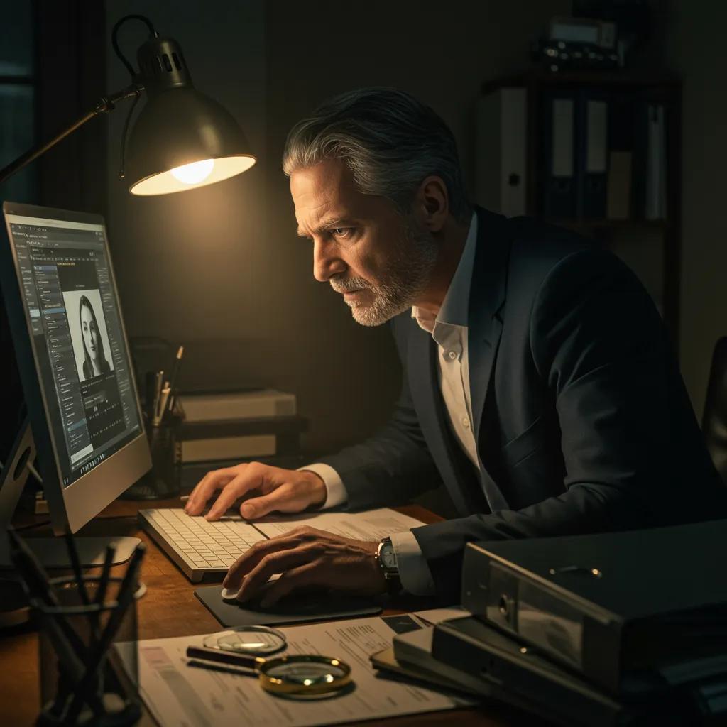 Investigator performing a background check on a computer