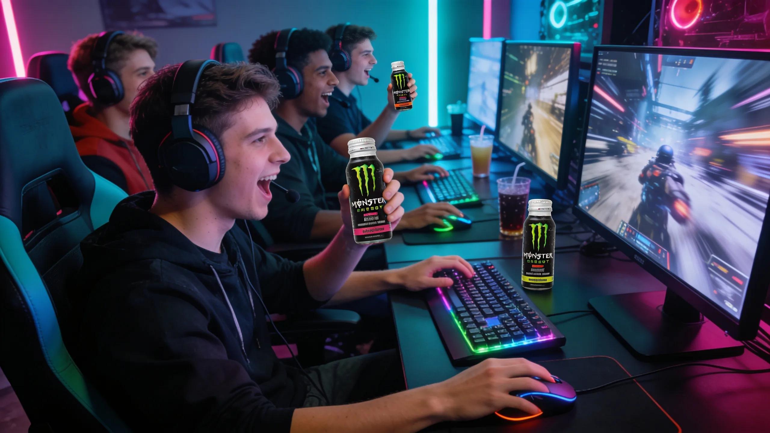 Gamers engaged in competitive play with nootropic energy shots enhancing their performance