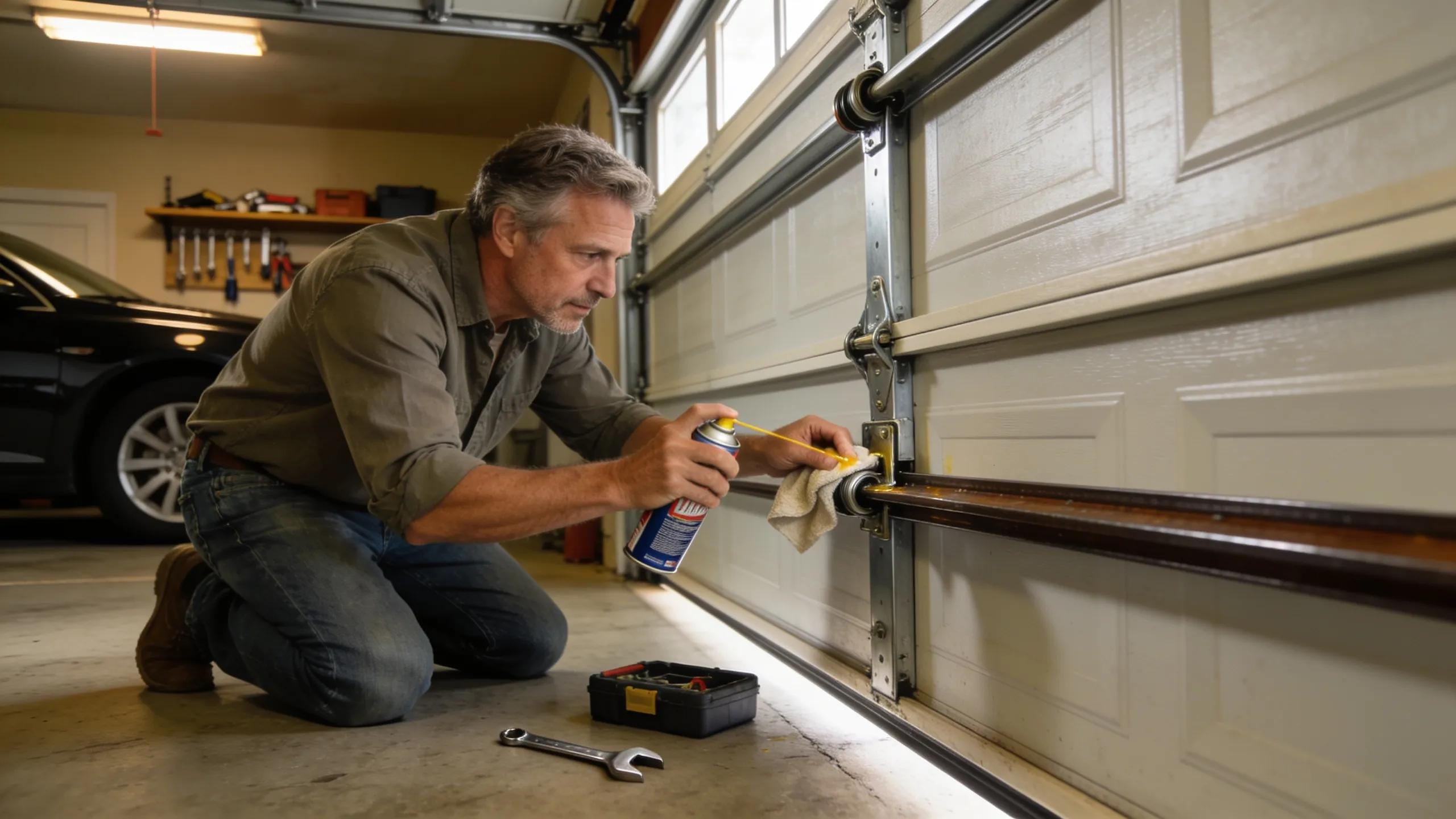 Homeowner performing routine maintenance on garage door for longevity and performance