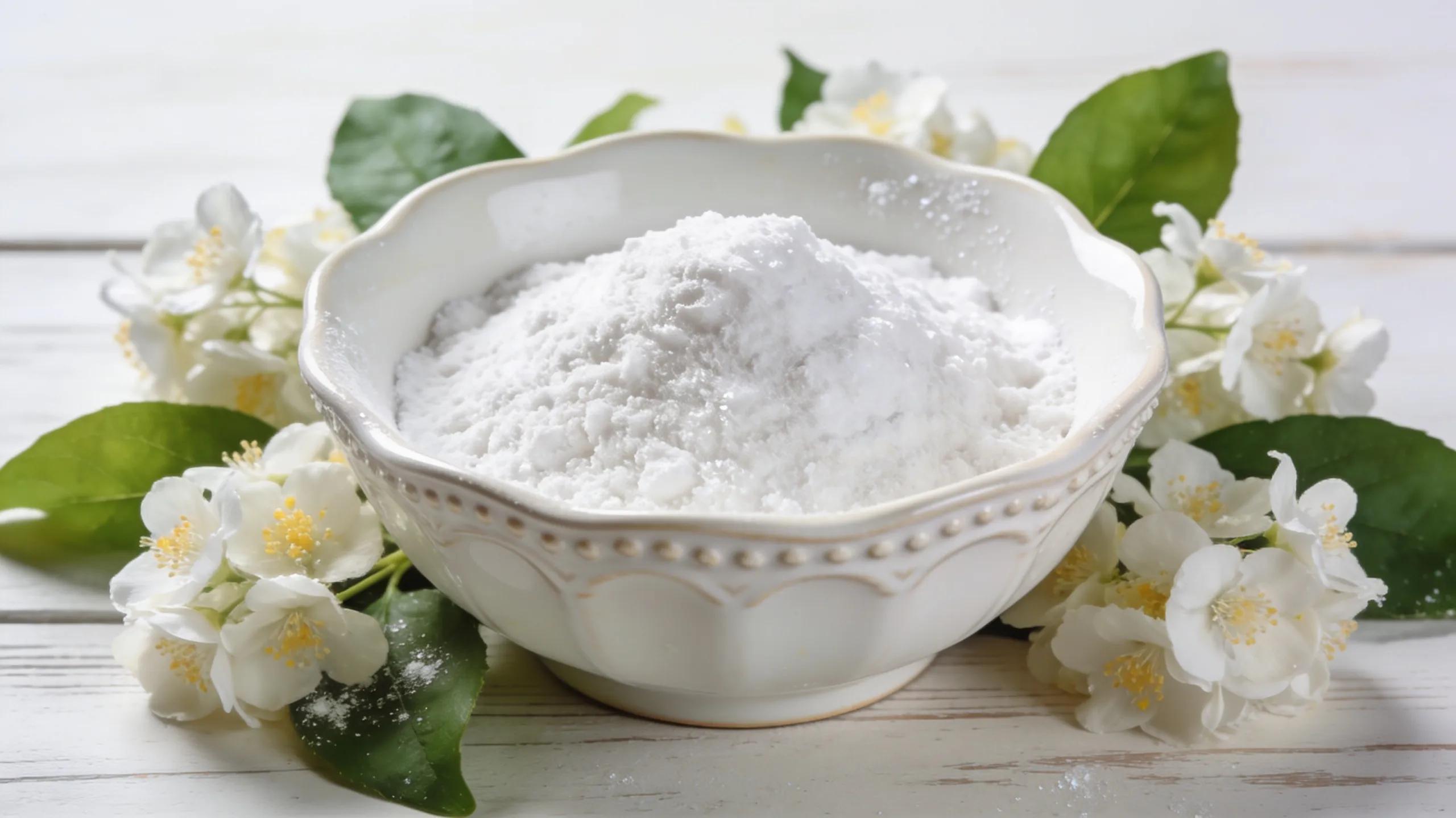 Baking soda in a bowl surrounded by natural elements, representing its effectiveness as a deodorant ingredient