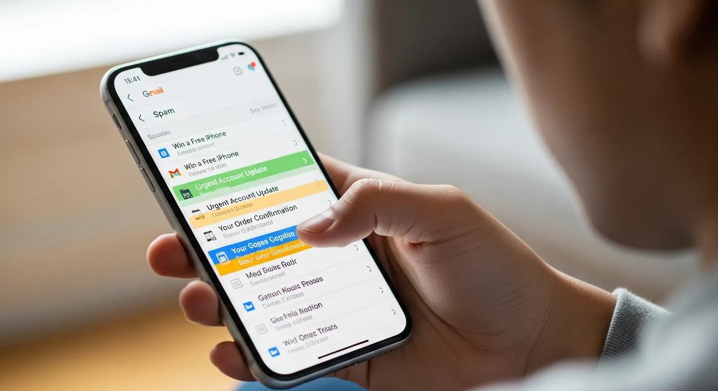 User clearing and organizing emails in Gmail’s spam folder on a phone