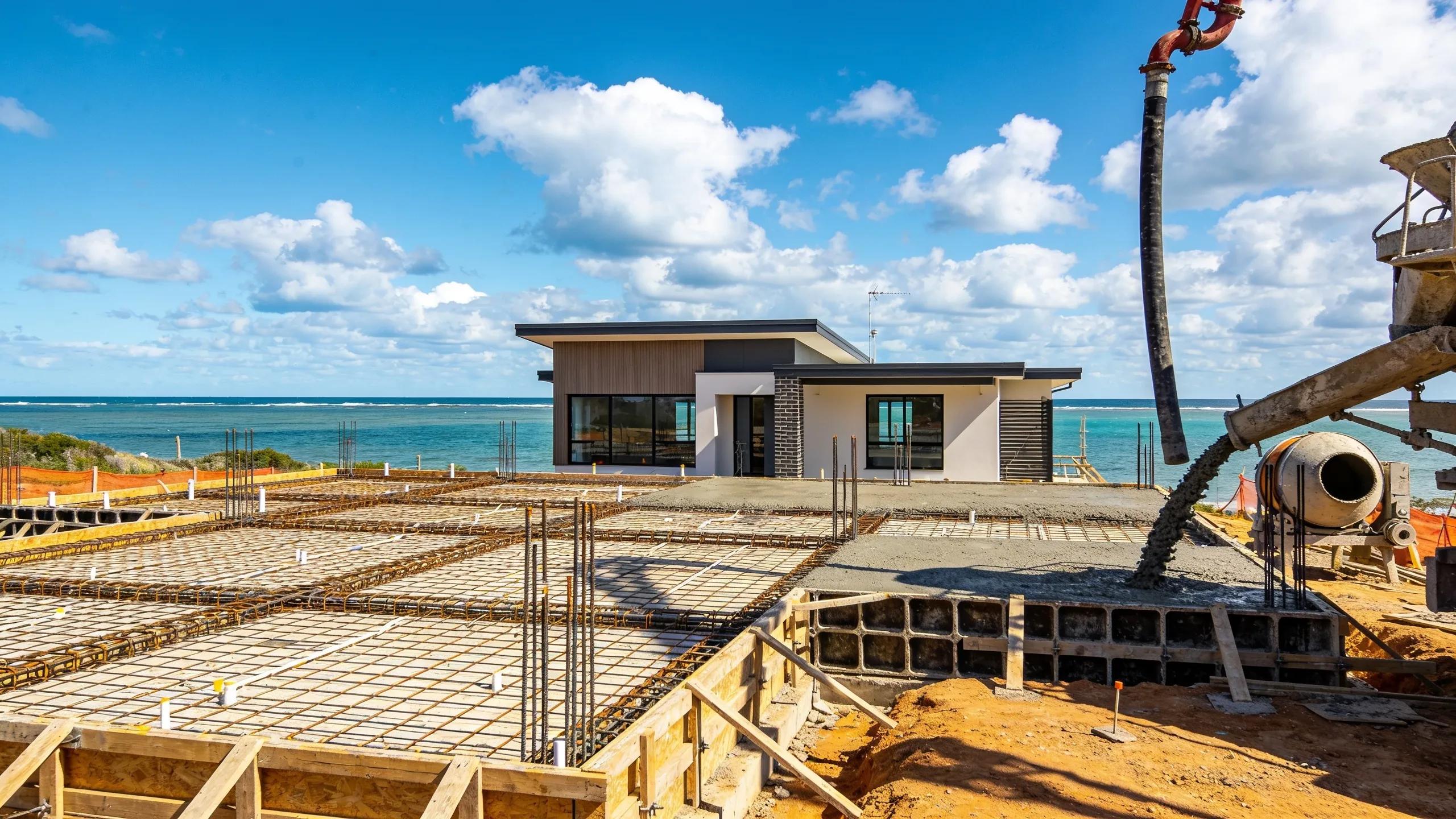 Construction scene of coastal homes with waffle raft and raft slabs in Hervey Bay