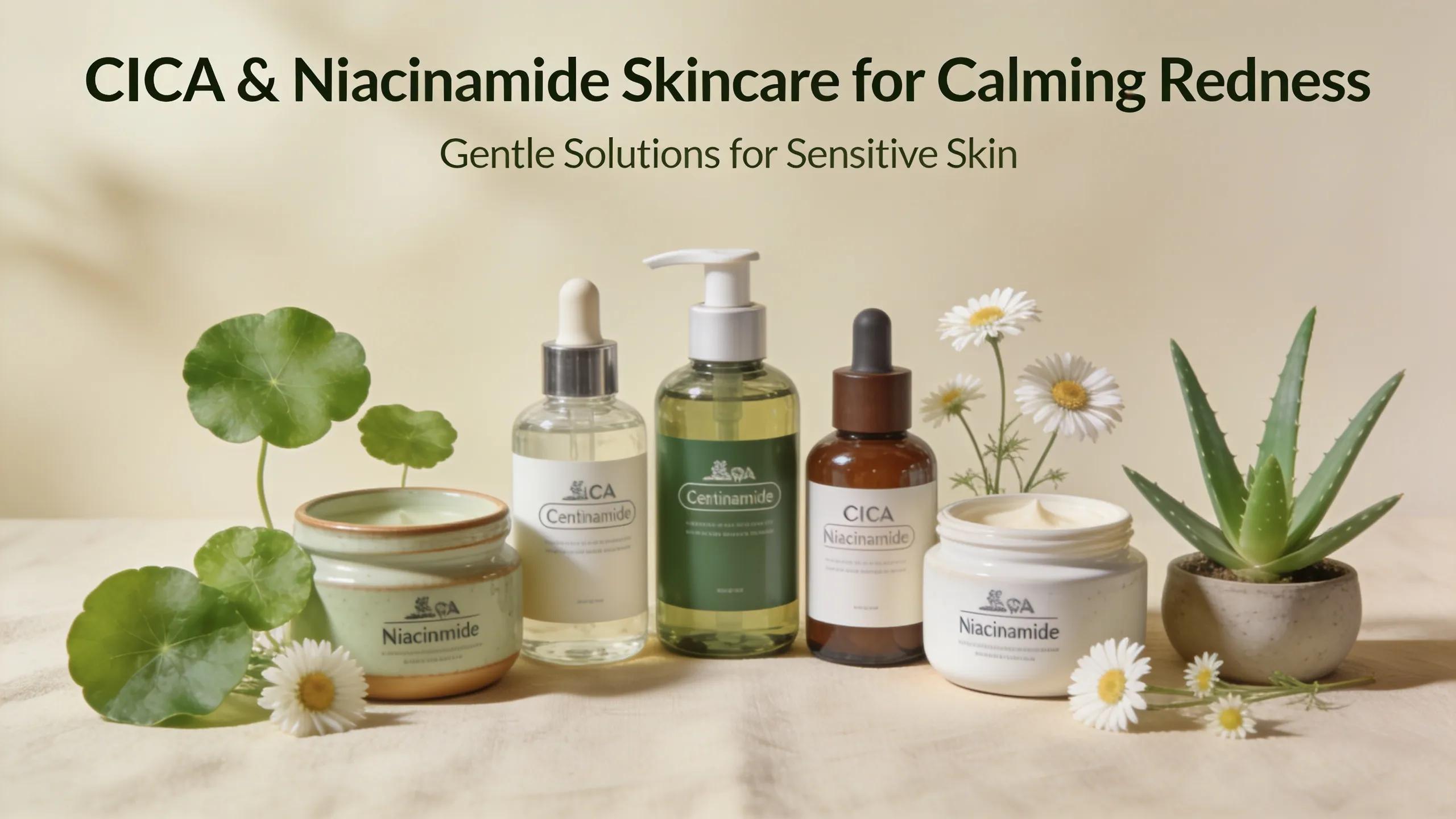 CICA and Niacinamide skincare products surrounded by botanical elements, representing innovations in treating facial redness.