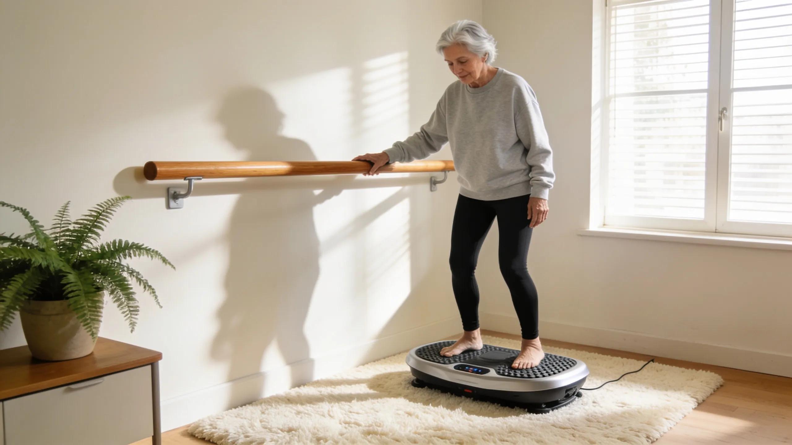 Older adult safely using a vibration plate at home to enhance circulation and wellness