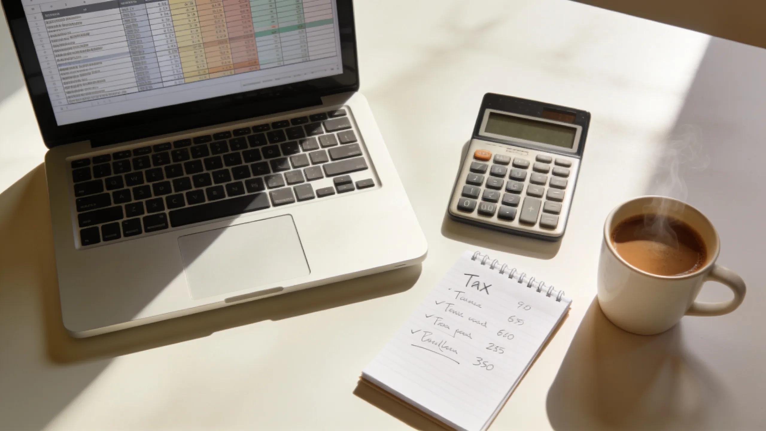Workspace with financial documents and tools, illustrating the focus on managing tax obligations for businesses in Spain