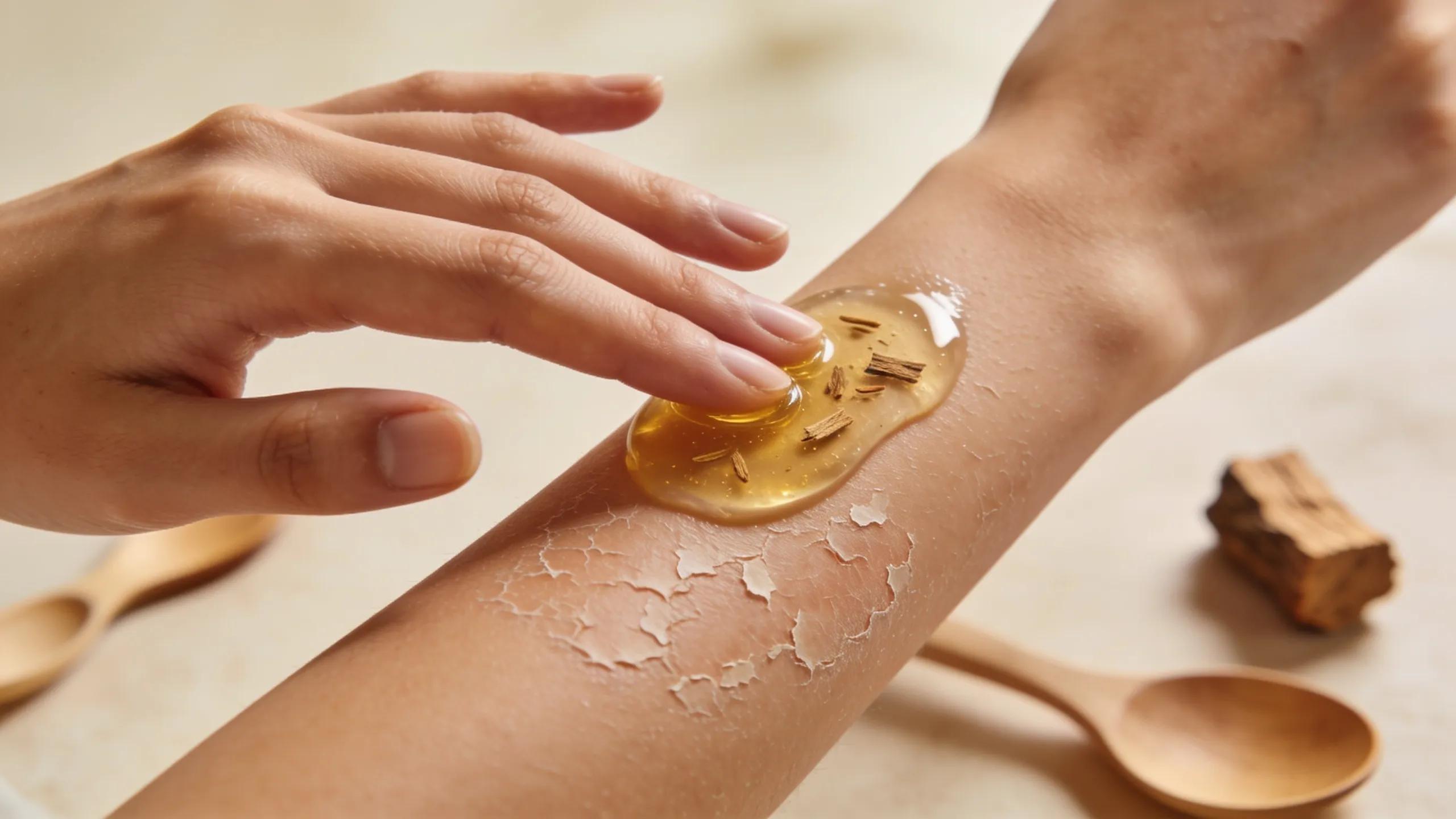Application of sandalwood balm on dry skin, showcasing its effectiveness for eczema relief.