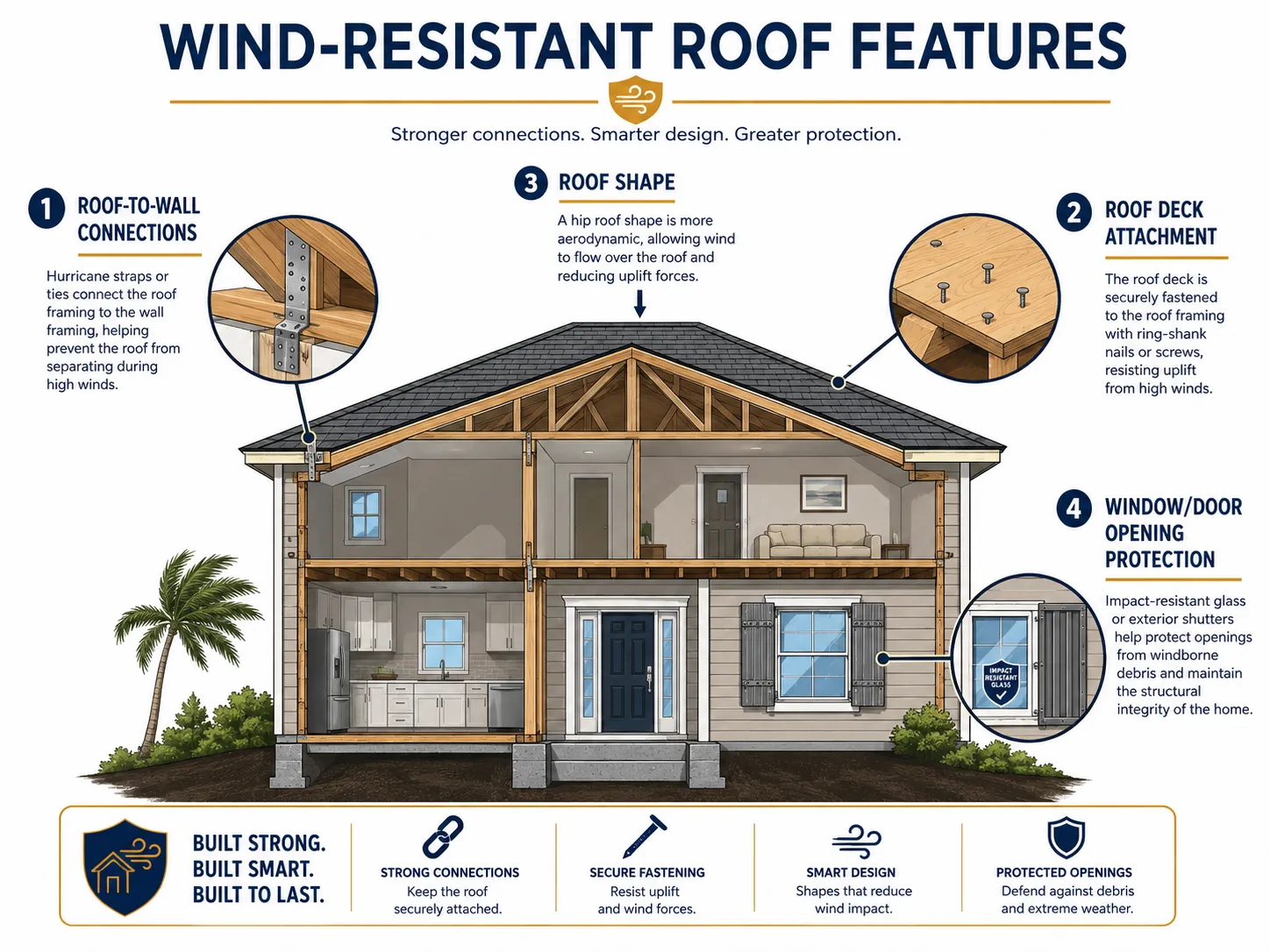 Diagram showing the seven roof features checked during a Florida wind mitigation inspection