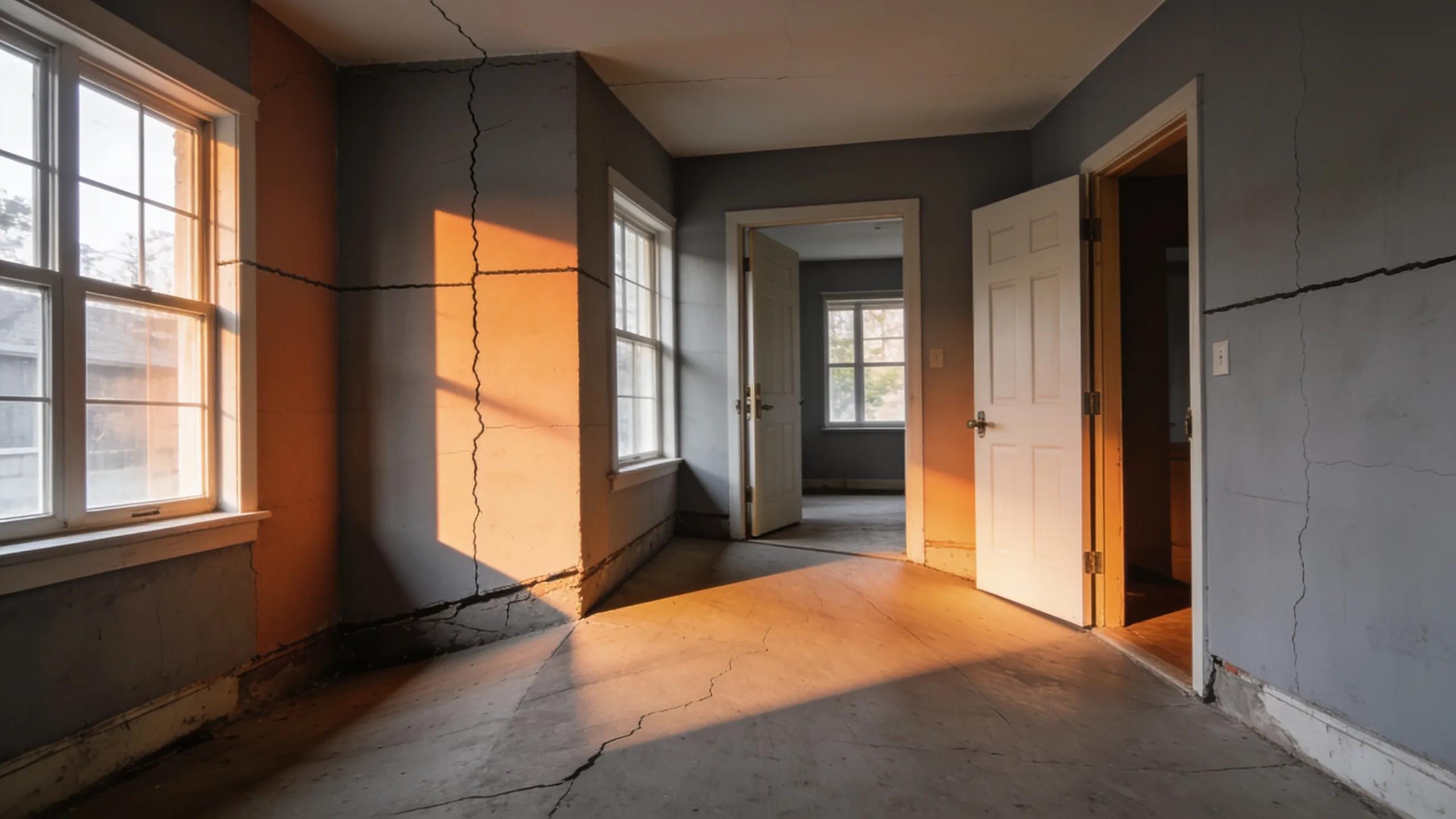 Interior view showcasing warning signs of foundation issues with cracks, sloping floors, and misaligned doors