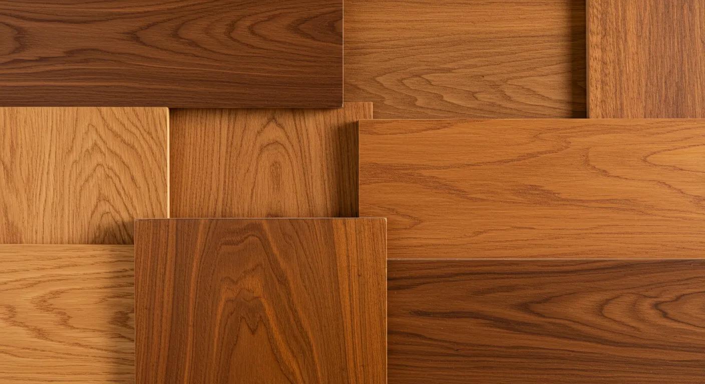 Various hardwood species including European oak, North American maple, and tropical teak displayed artistically