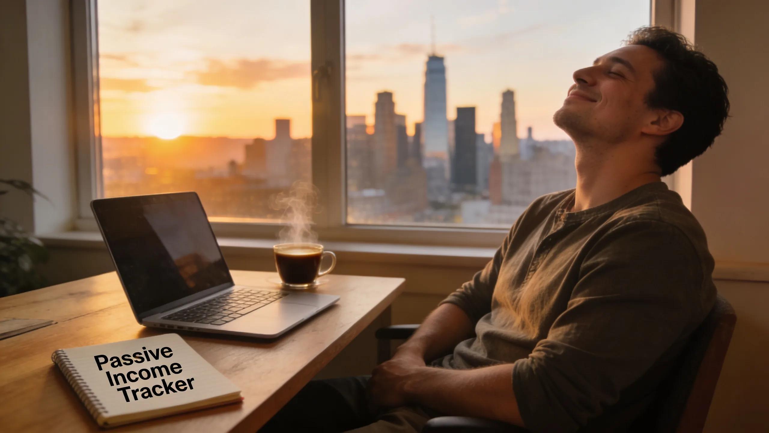 Investor enjoying passive income with an urban view, reflecting investment benefits