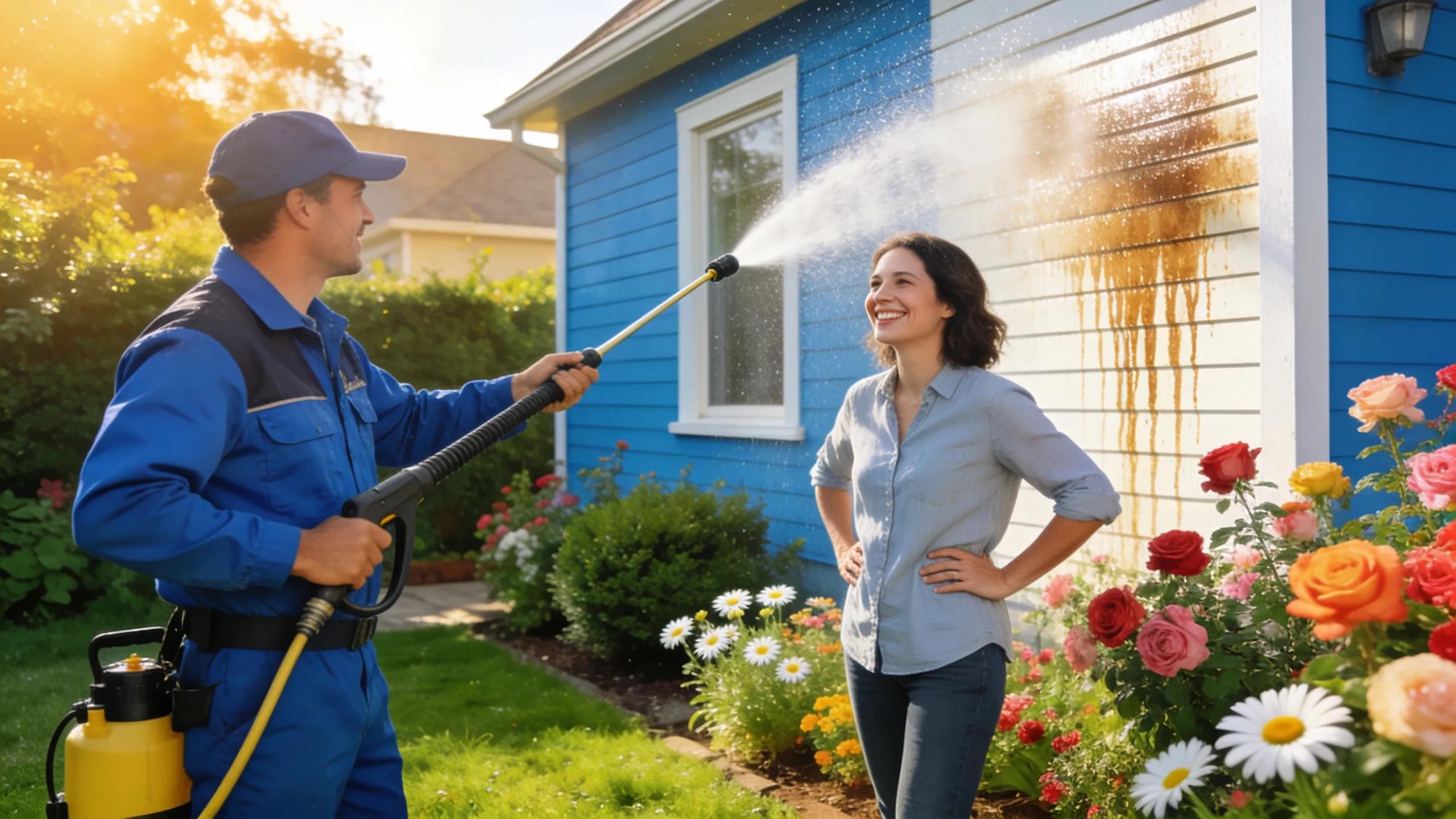 Happy homeowner observing soft washing of their home's exterior with lush garden