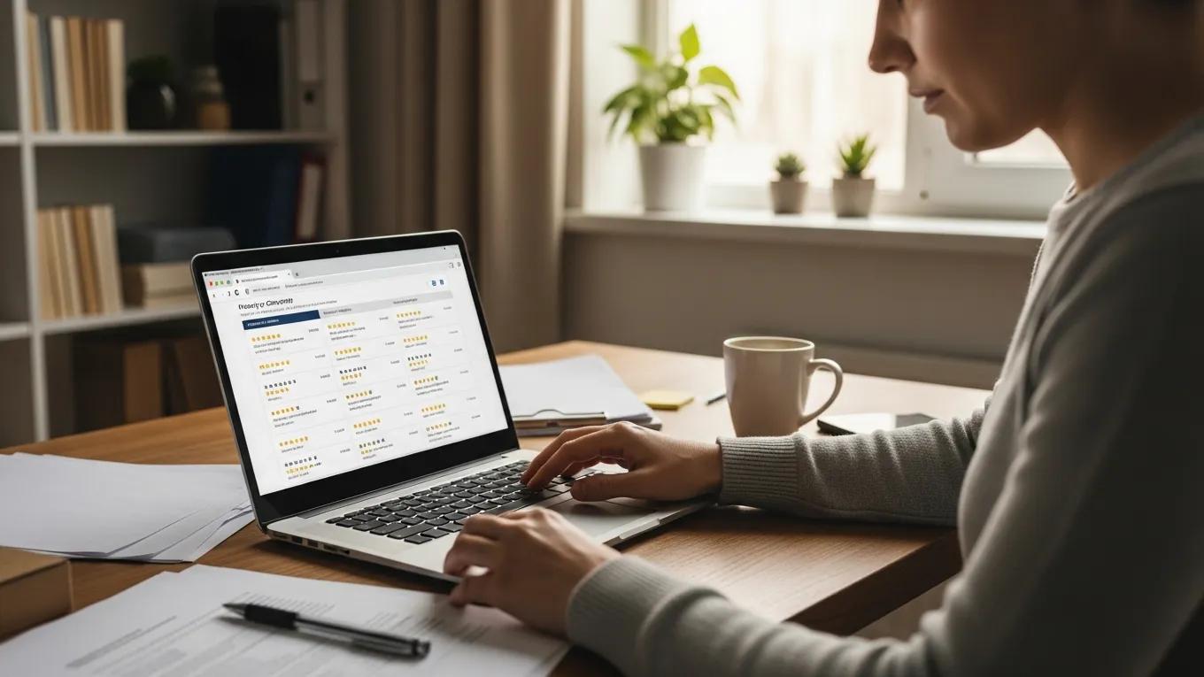 Person researching moving company reviews on a laptop in a home office