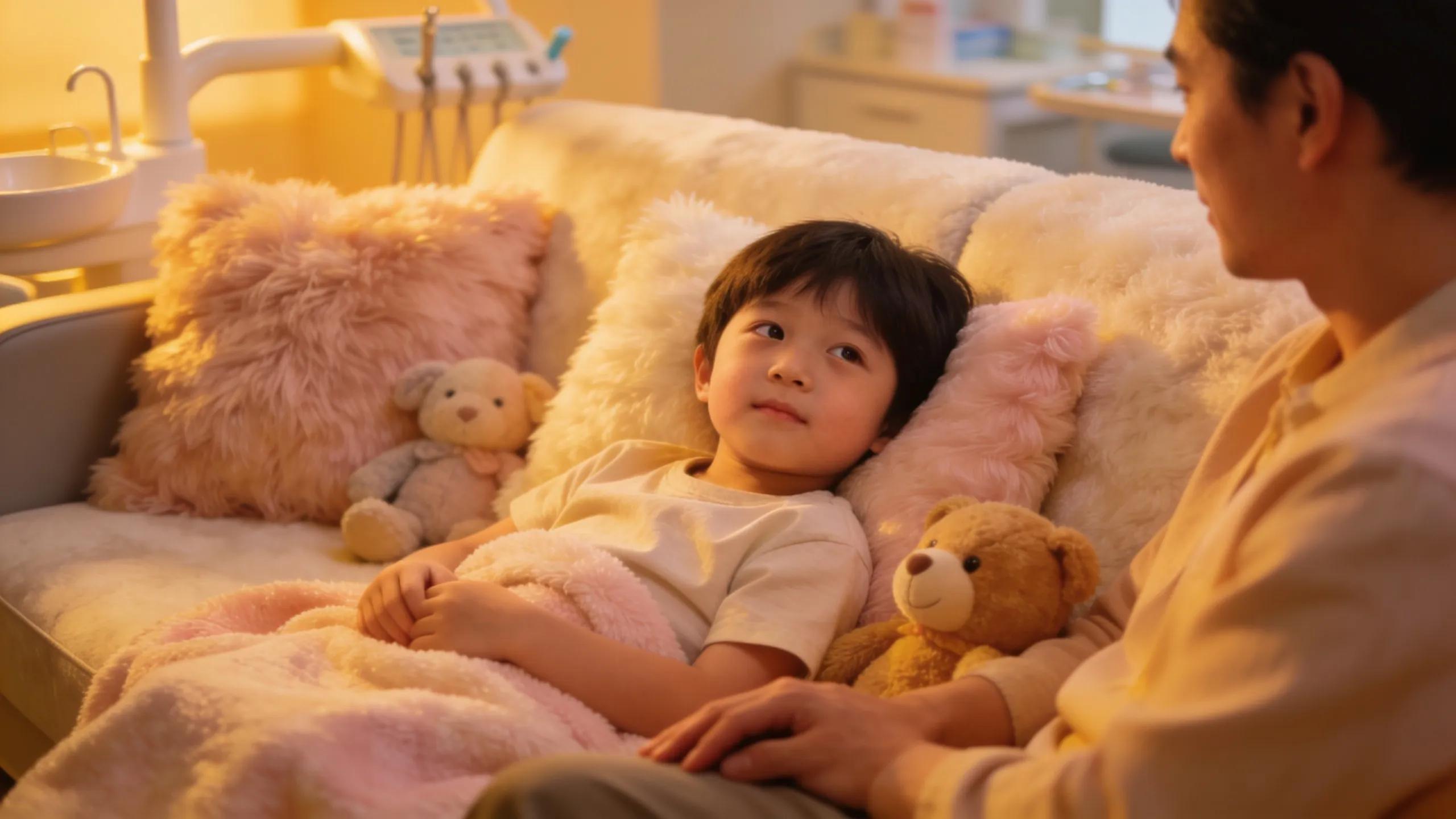 Child recovering comfortably in a cozy recovery area after pediatric sedation dentistry