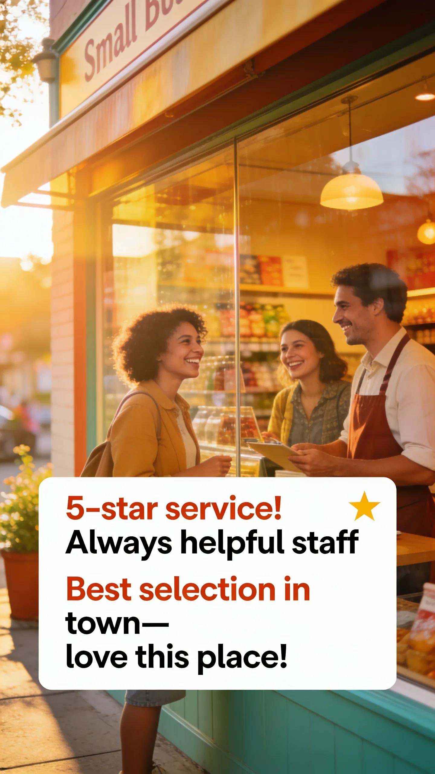 Welcoming storefront of a small business with satisfied customers, depicting the effects of effective reputation management on attracting foot traffic.