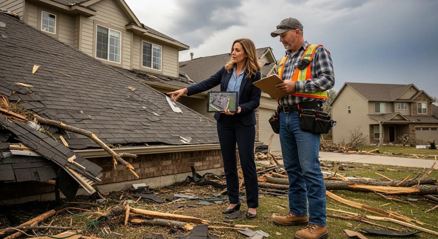 Public adjuster and restoration contractor collaborating on storm damage assessment