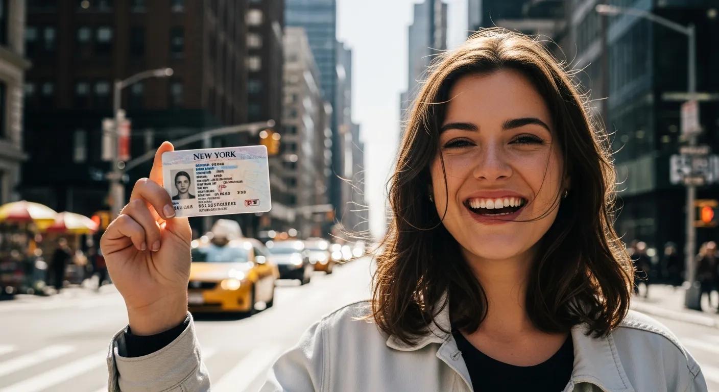 Young woman celebrating her road test success in New York City, holding her driver's license