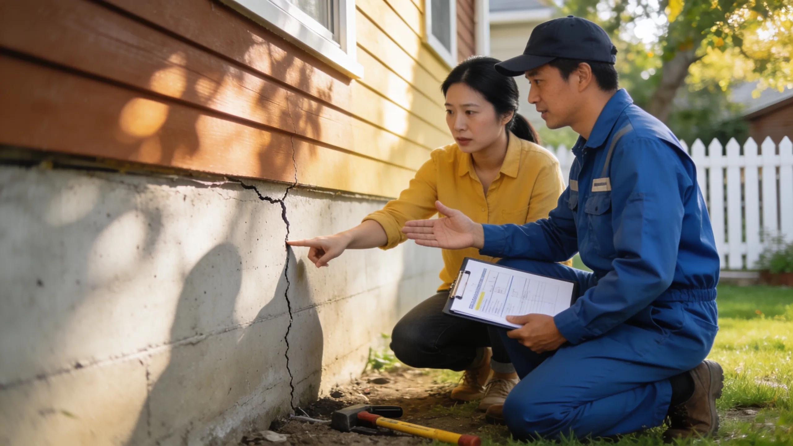 Homeowner discussing foundation concerns with a contractor during inspection