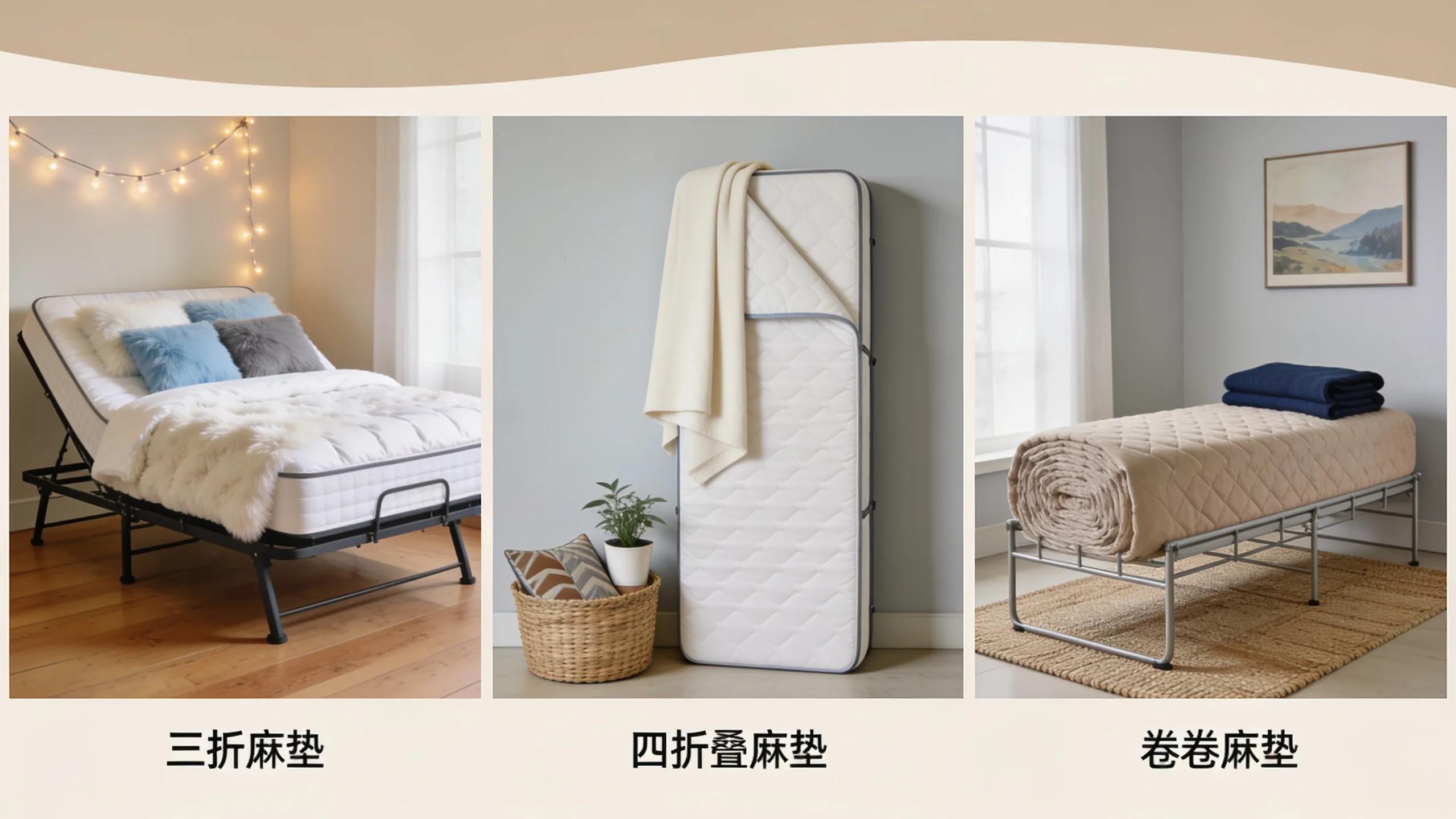 Variety of foldable mattresses including tri-fold, bi-fold, and roll-up models, emphasising their types.