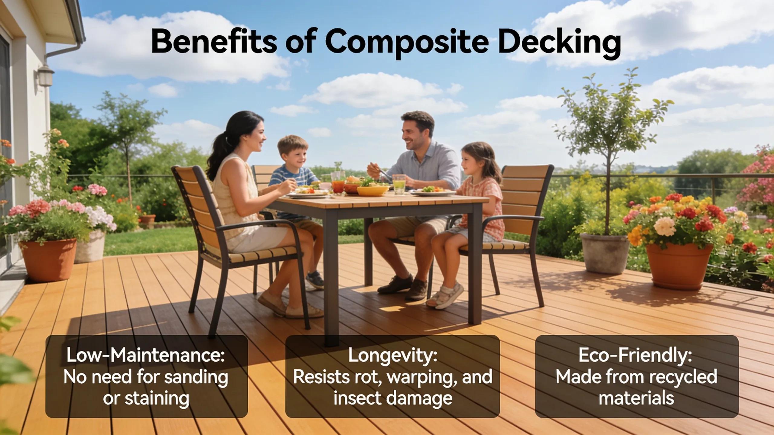 Family enjoying a low-maintenance composite decking patio, illustrating its benefits