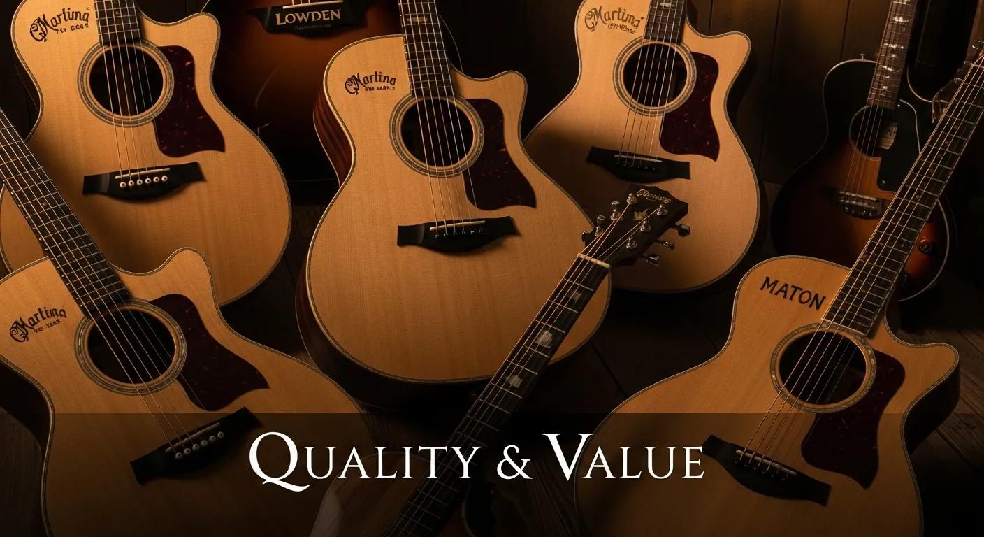 using actual Logos of top acoustic guitar brands like Martin, Lowden, PRS, and Maton, representing quality and value