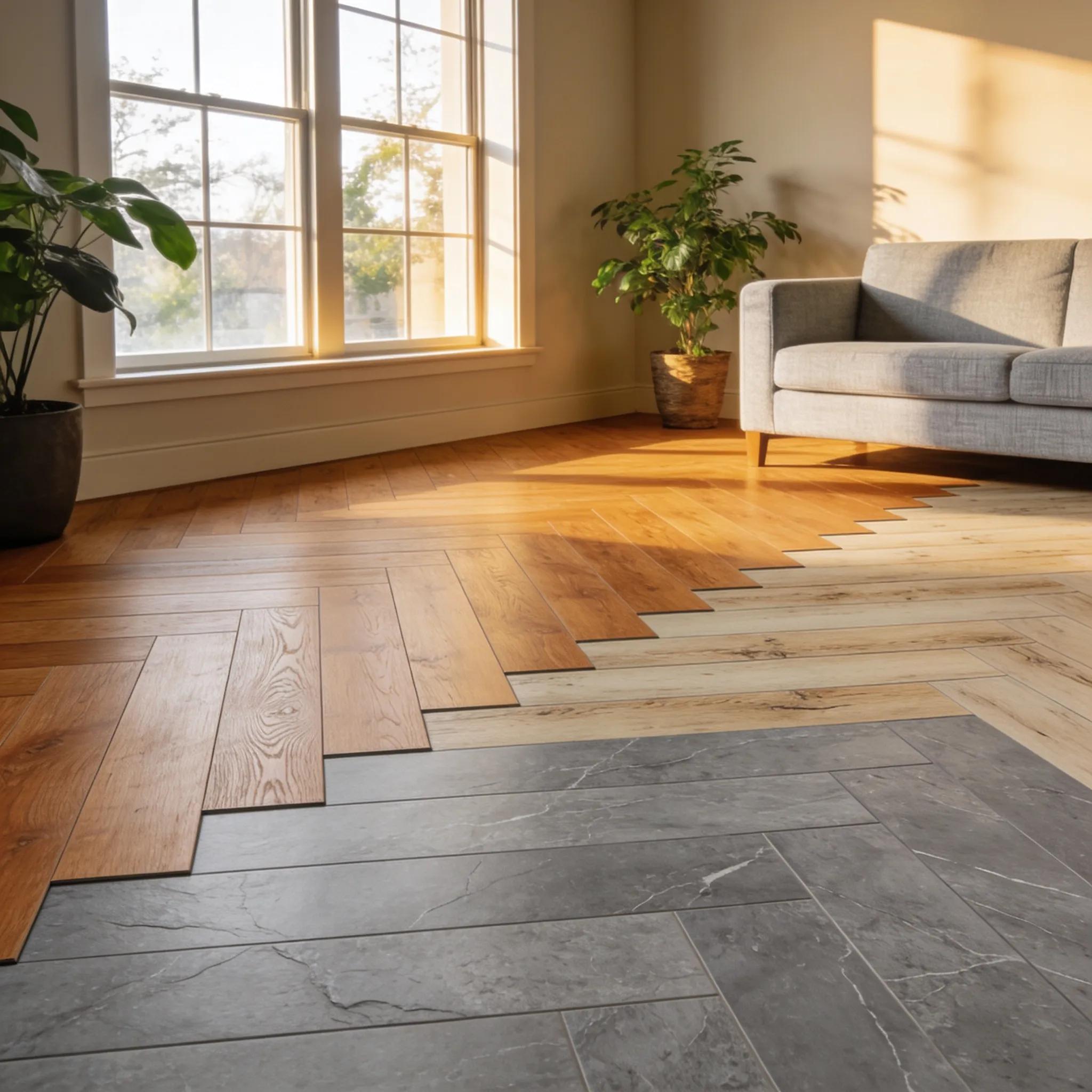 Living room showcasing hardwood, vinyl plank, and laminate — durable, eco-friendly flooring options