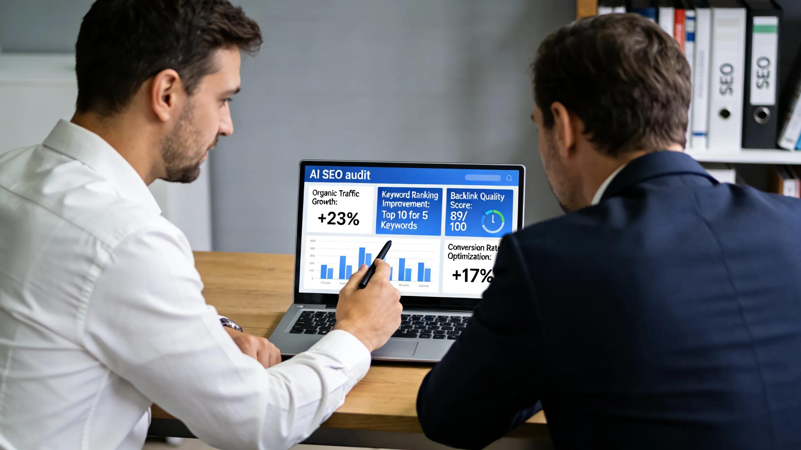 Expert guiding business owner through AI SEO audit process with key metrics displayed