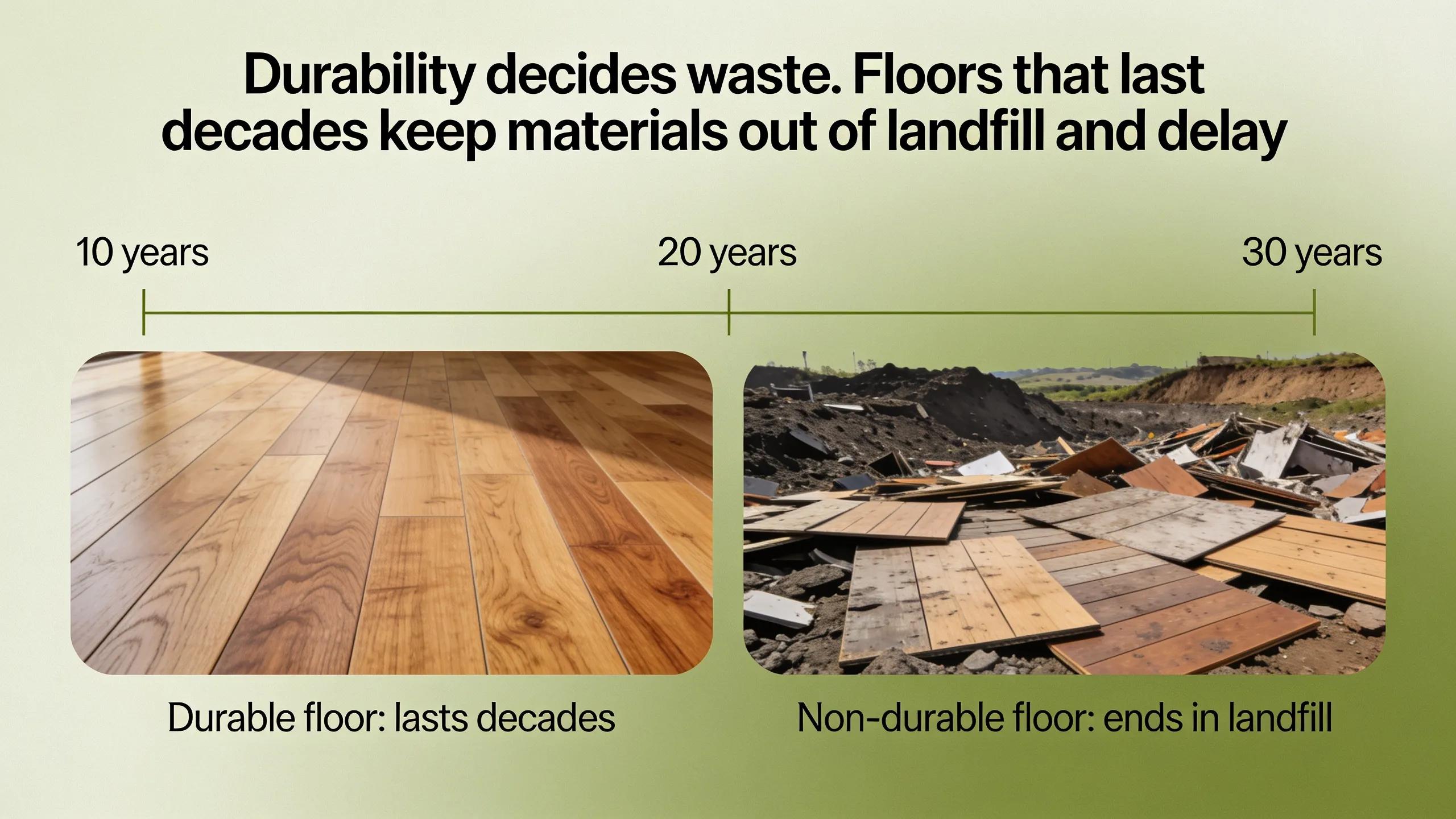 Durability decides waste. Floors that last decades keep materials out of landfill and delay