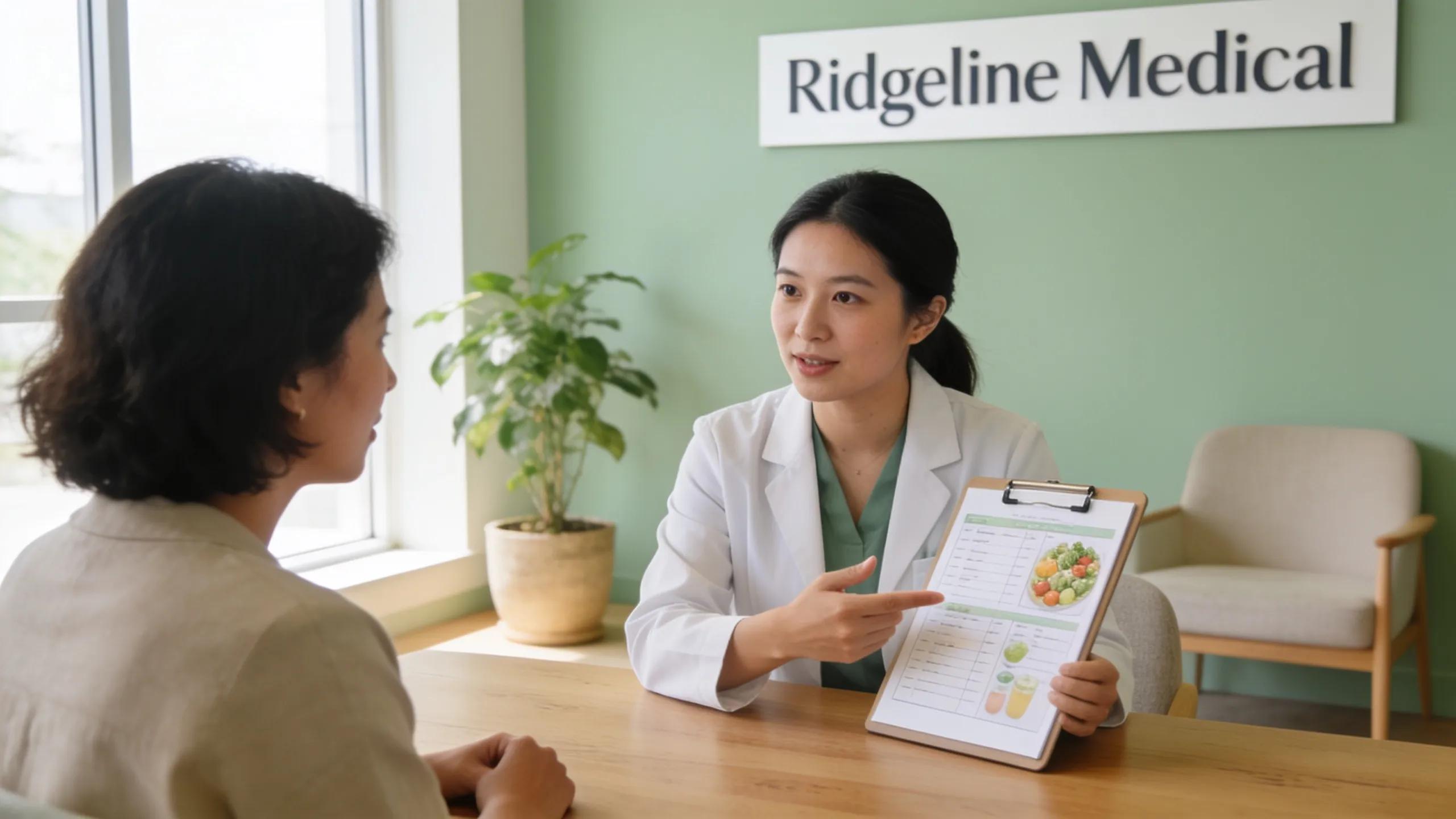 Nutritionist assisting a patient in a wellness treatment session, promoting healthy lifestyles at Ridgeline Medical