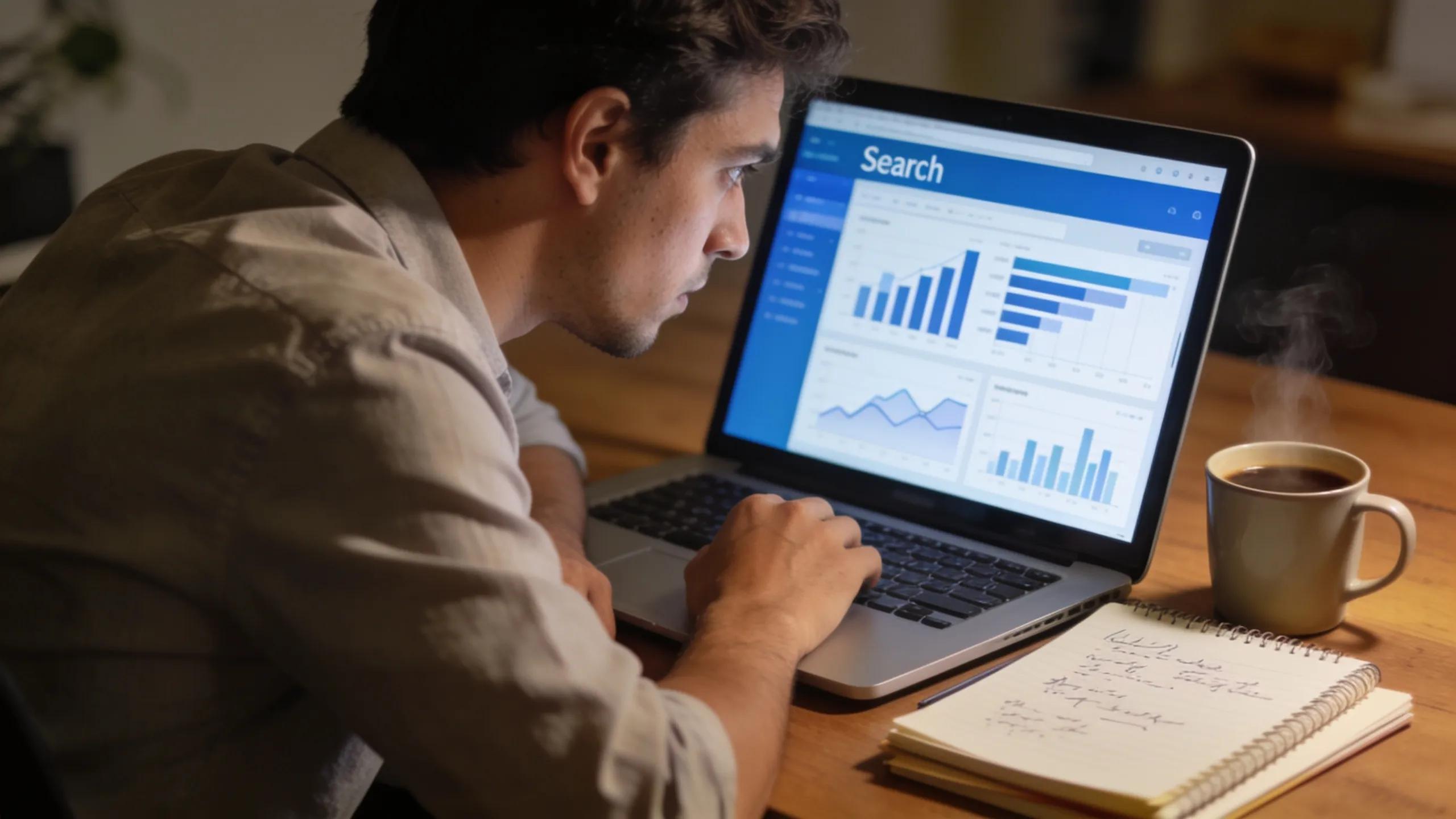 Individual analyzing data on a laptop in a professional setting, representing the baseline assessment in AI search visibility.