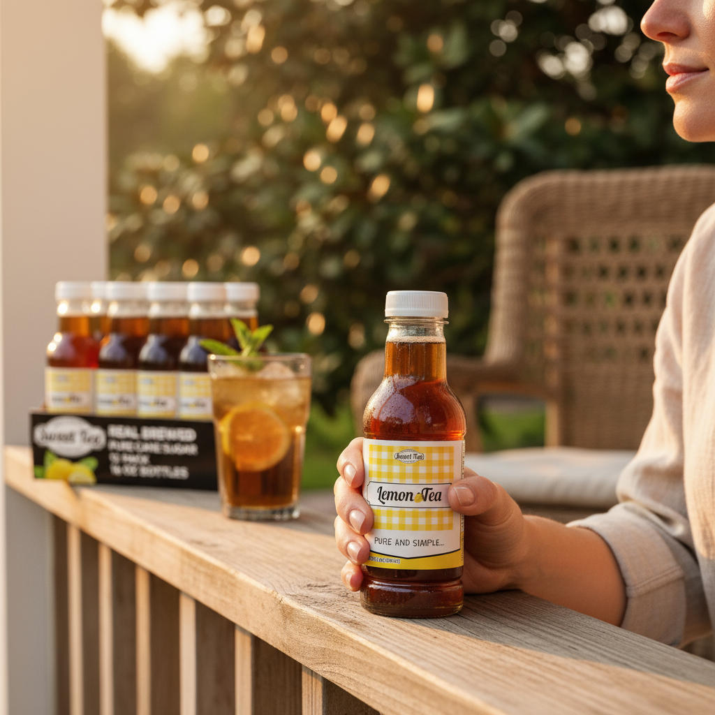 Person holding lemon tea bottle with iced tea glass