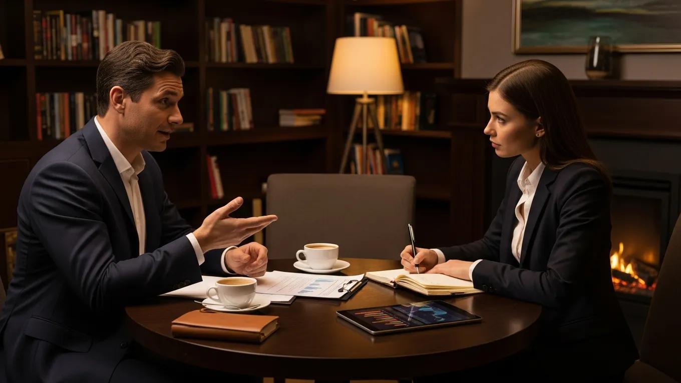 Lender and borrower discussing best practices for acquiring non-performing notes in a cozy setting