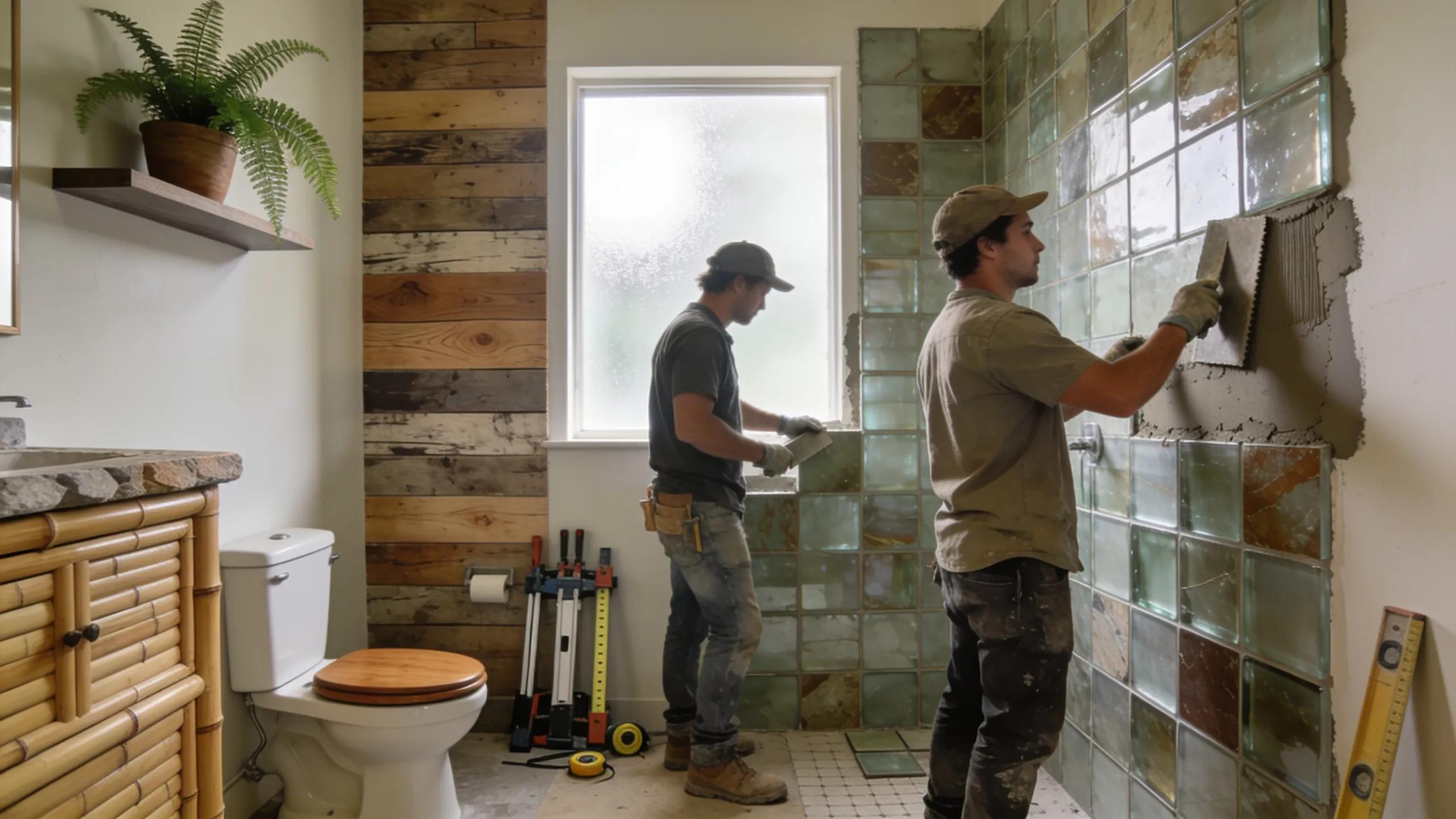 Installers fitting eco-friendly materials during a bathroom remodel
