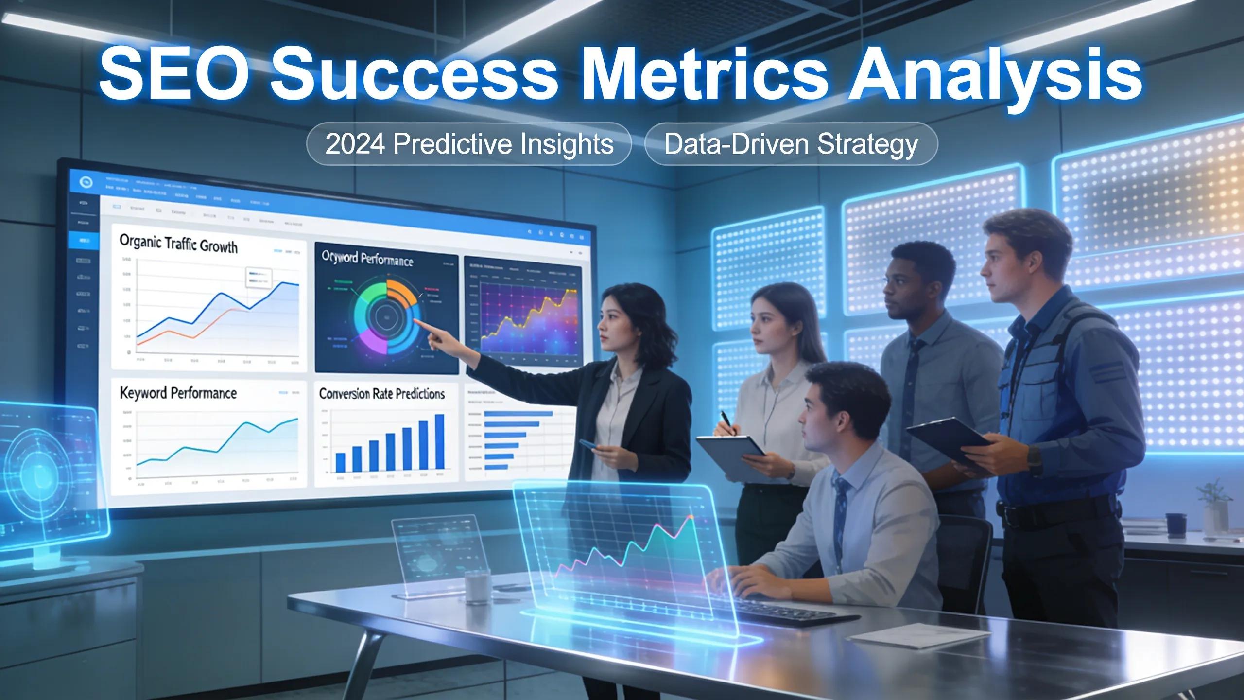 Professional team analyzing successful SEO metrics using predictive analytics in a tech-forward setting Professional team analyzing successful SEO metrics using predictive analytics in a tech-forward setting
