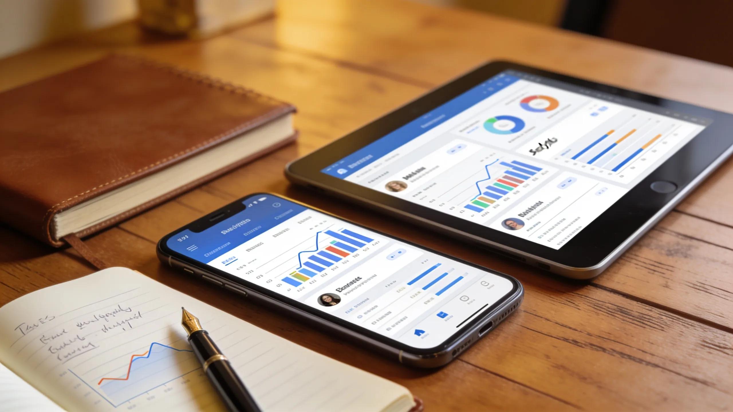 Smartphone and tablet showing social media metrics apps on a desk, emphasizing the importance of tech tools in performance monitoring