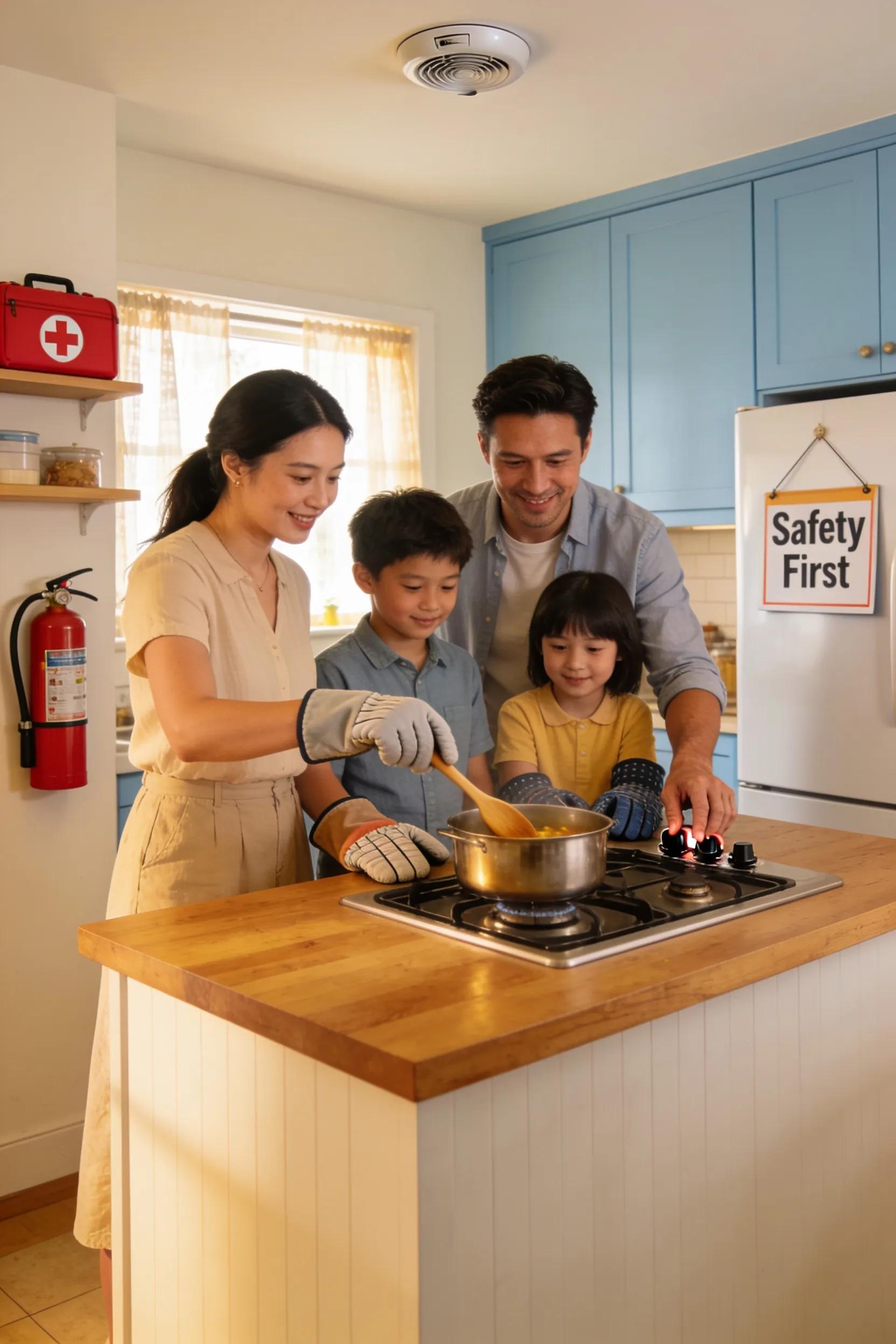 Cozy kitchen highlighting a smoke detector and a family practicing safe cooking, representing fire safety measures