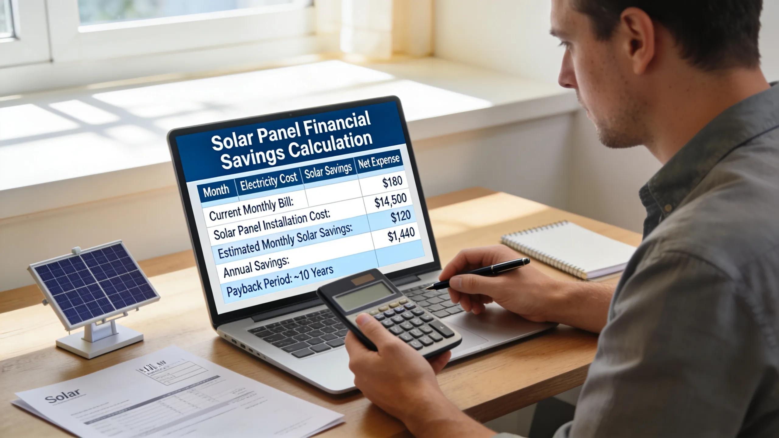 Homeowner calculating financial savings from solar panel installation