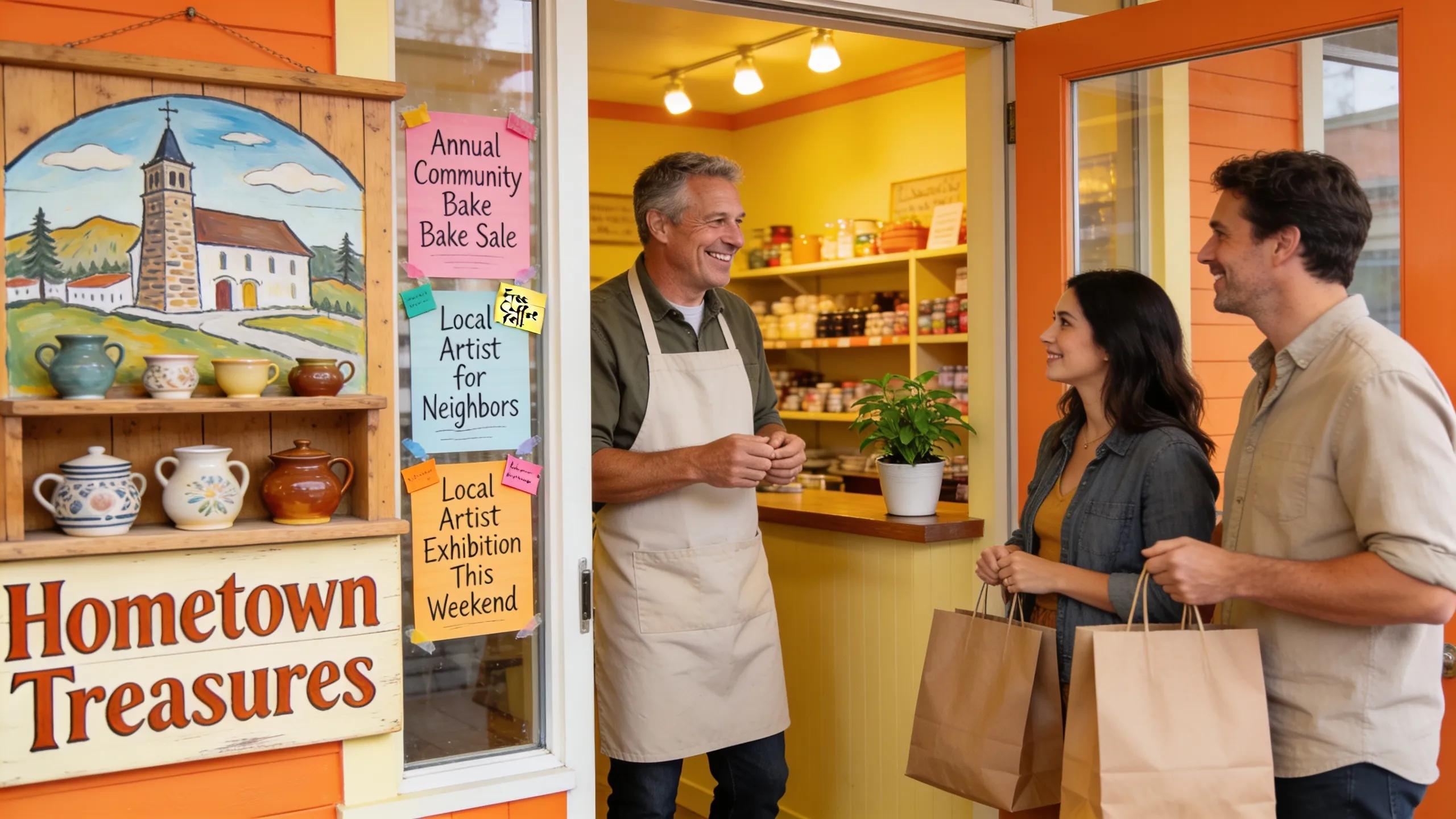 Local business owner interacting with customers in a vibrant storefront, illustrating the benefits of affordable design for local visibility