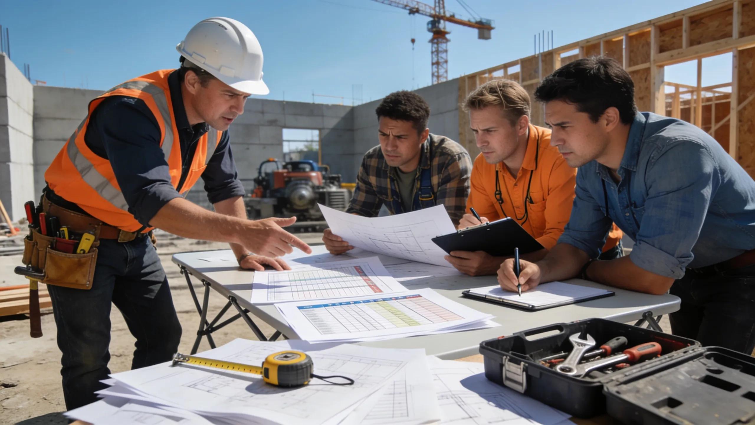 General contractor managing schedules and discussions with subcontractors at a construction site