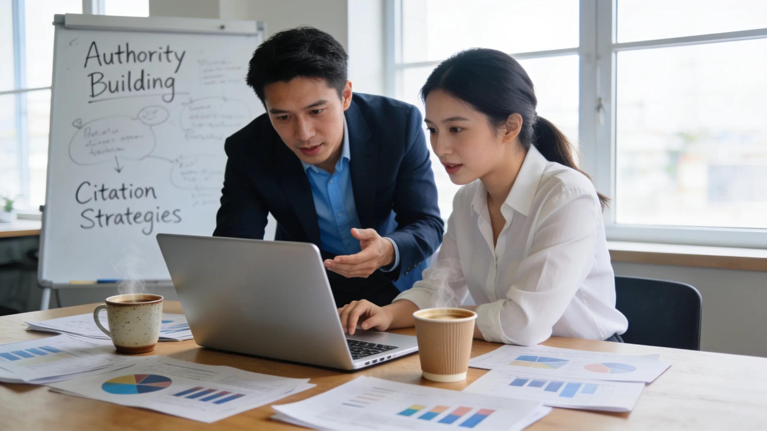 Two professionals collaborating over a laptop to discuss authority building and citation strategies in a modern office.