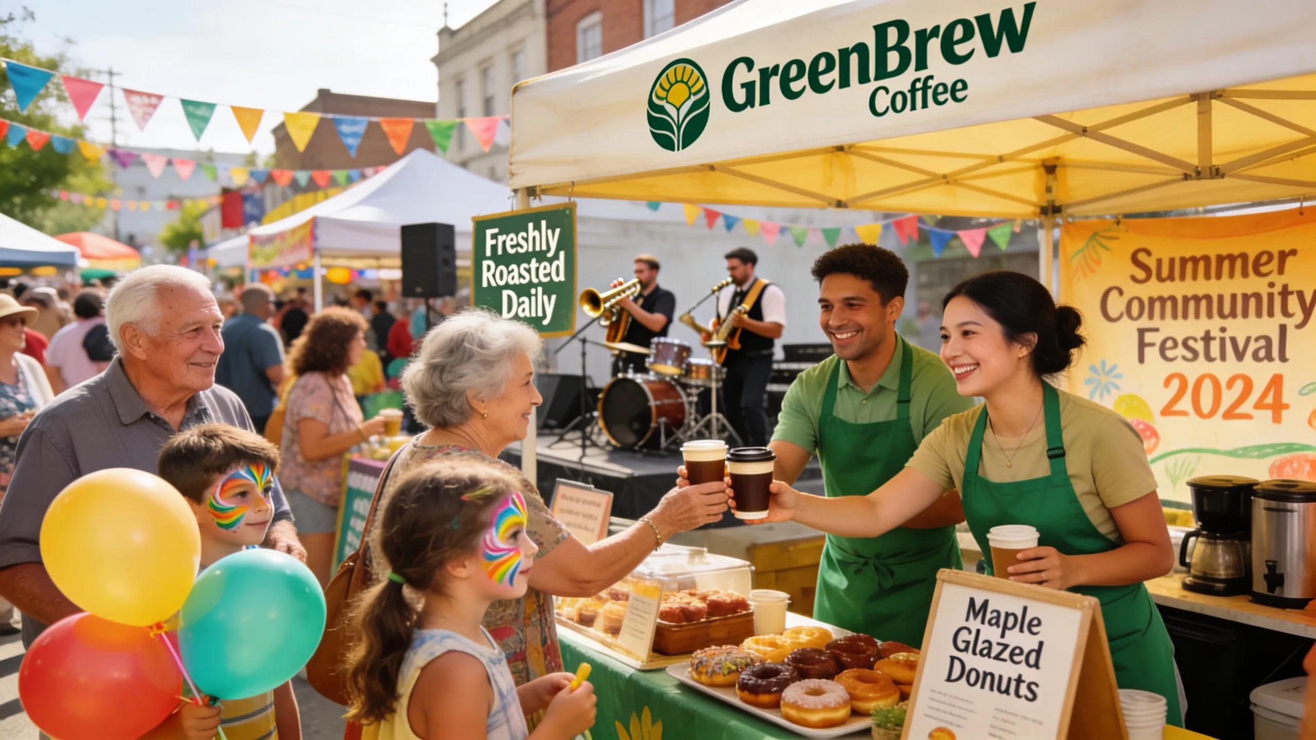 Local business engaging with customers at a community event, emphasizing branding and community connection