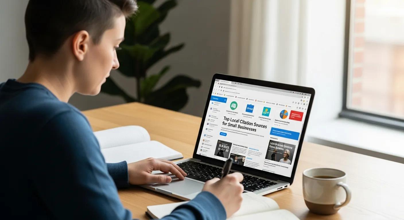 Person researching local citation sources on a laptop in a bright workspace