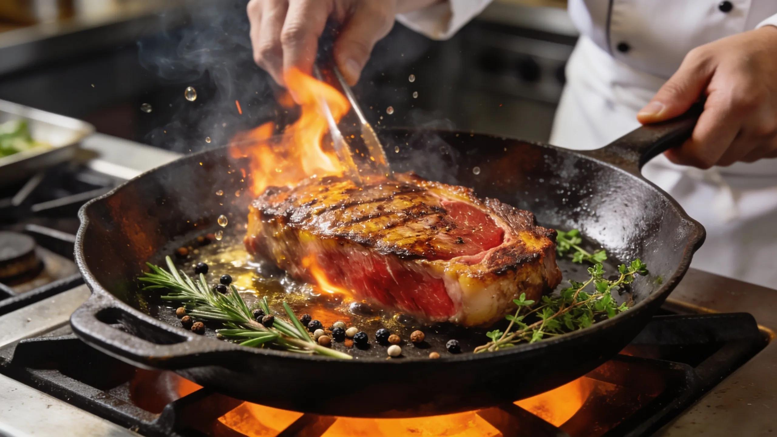Chef preparing a Wagyu steak in a professional kitchen setting focusing on cooking techniques