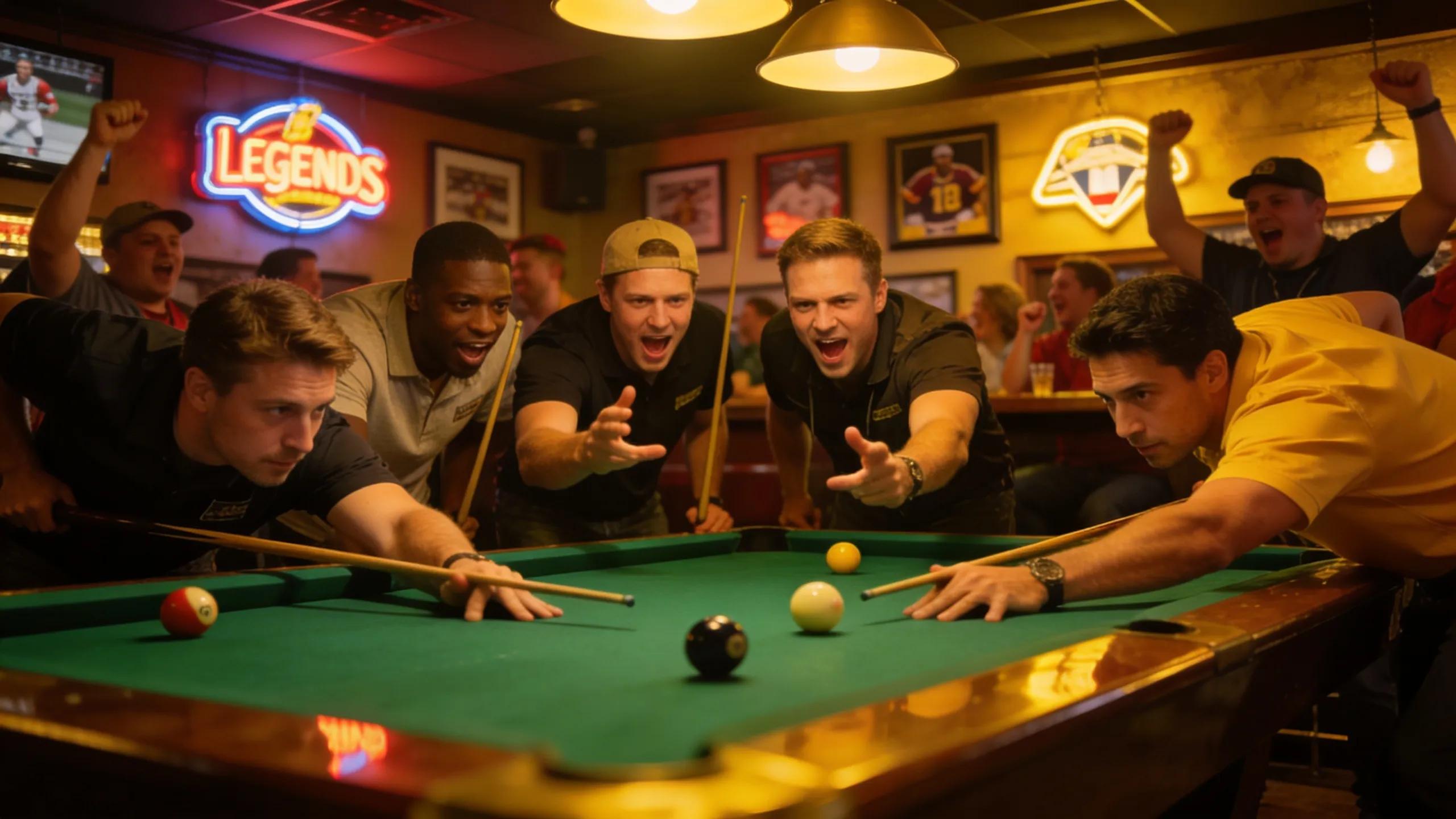 Team members engaged in a pool tournament promoting collaboration and competitive spirit at Legends