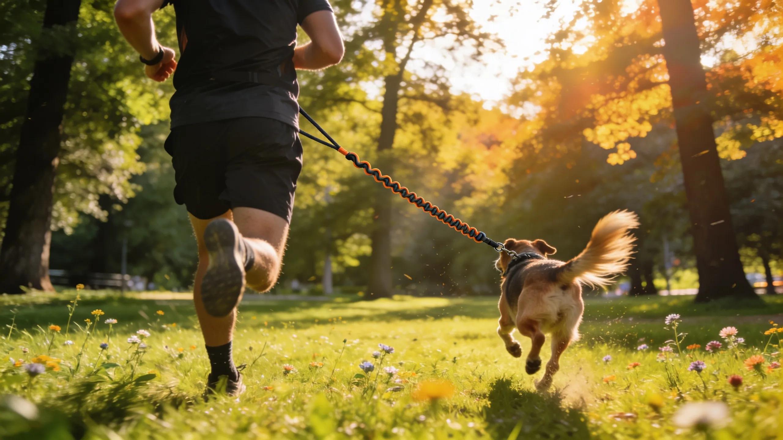 Active pet owner jogging with a dog on a bungee leash in a park