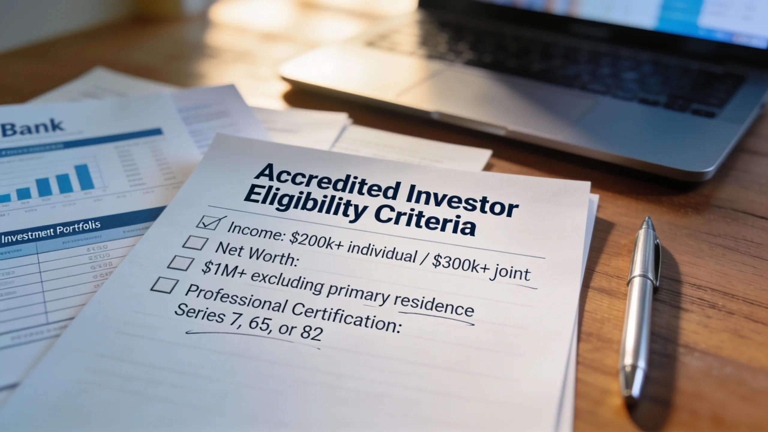 Checklist and financial documents illustrating accredited investor qualifications for multifamily syndications